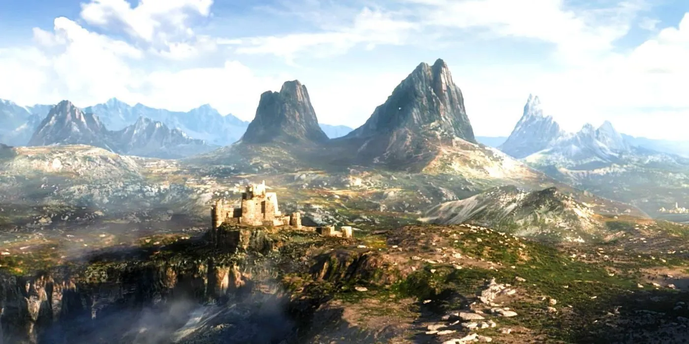 The Elder Scrolls 6 のティーザー トレーラーから、崩れかけた城のあるファンタジーな風景。