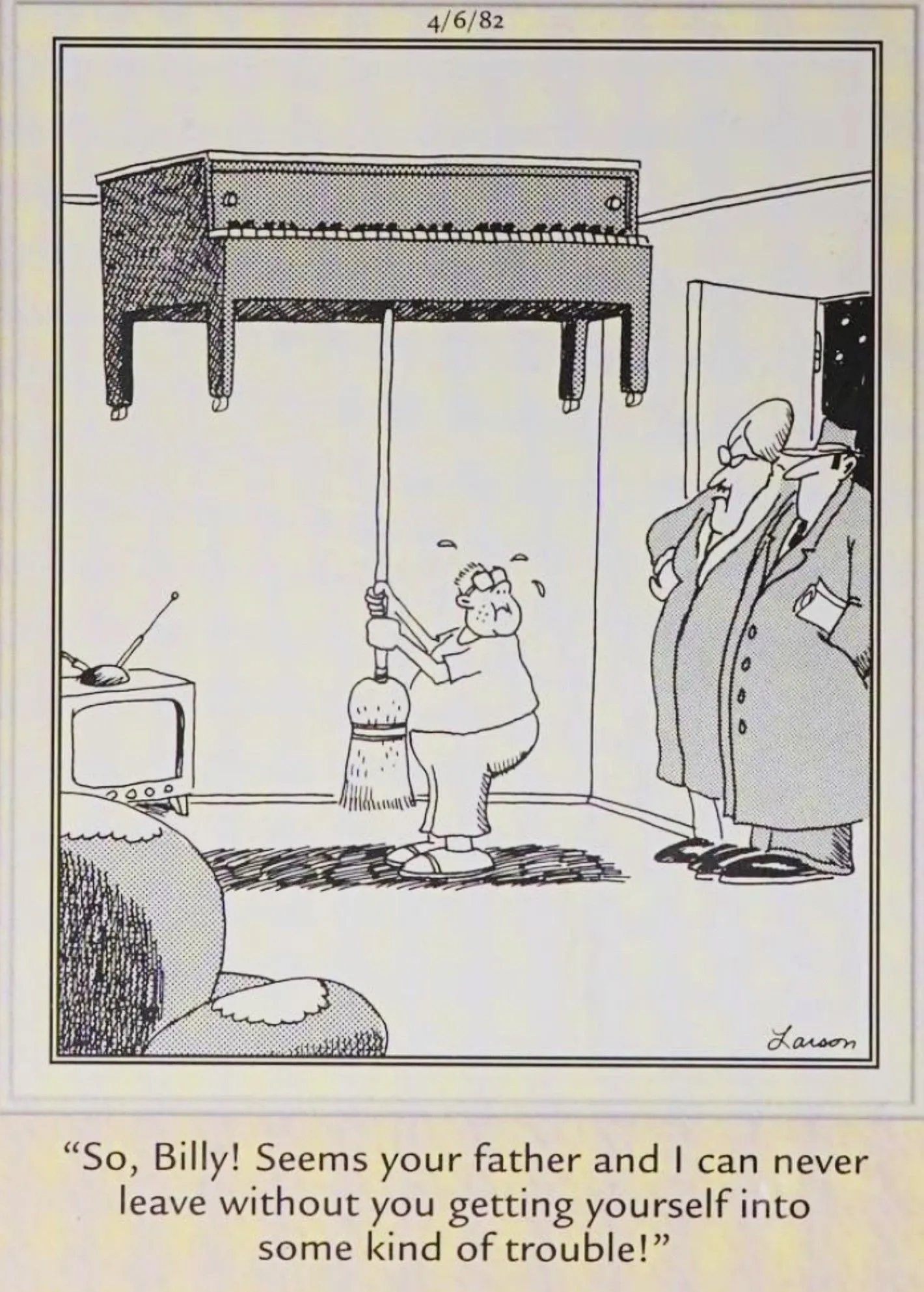 Chłopiec próbujący zdjąć pianino z sufitu w The Far Side, 6 kwietnia 1982 r.