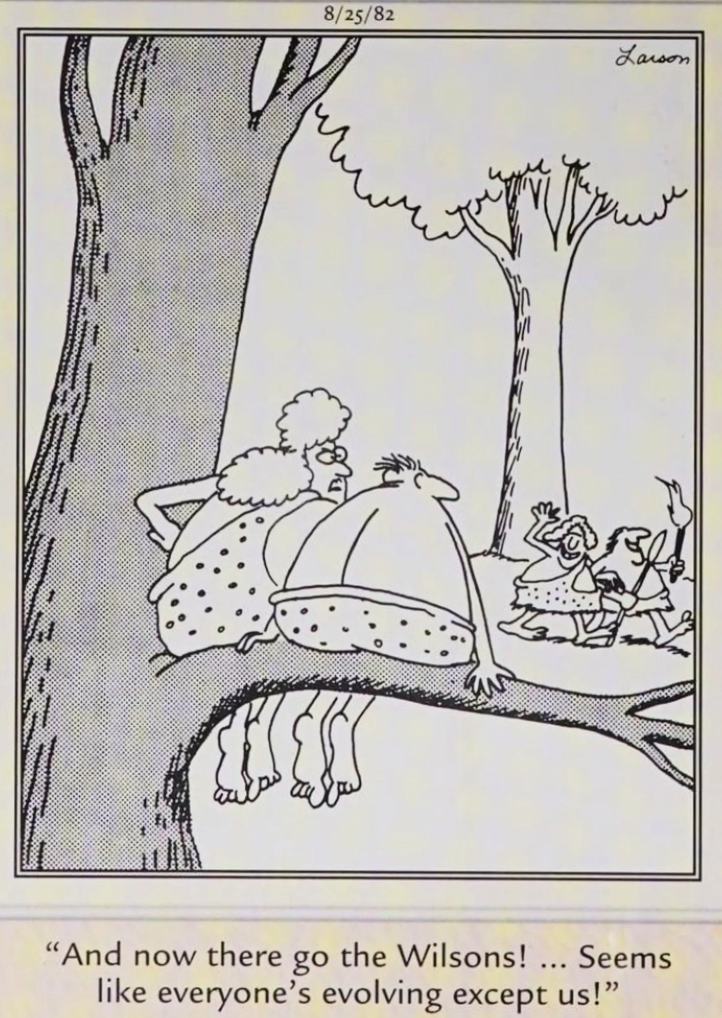 Um desenho animado do Far Side retrata personagens pré-históricos observando seus pares mais evoluídos