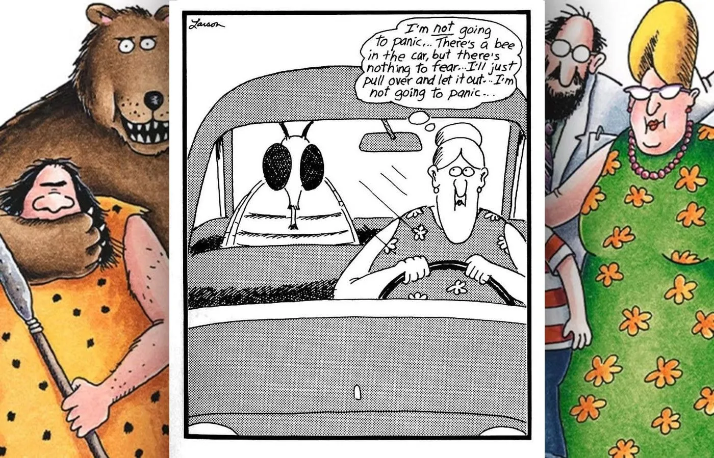 El cómic Far Side con una abeja en un coche