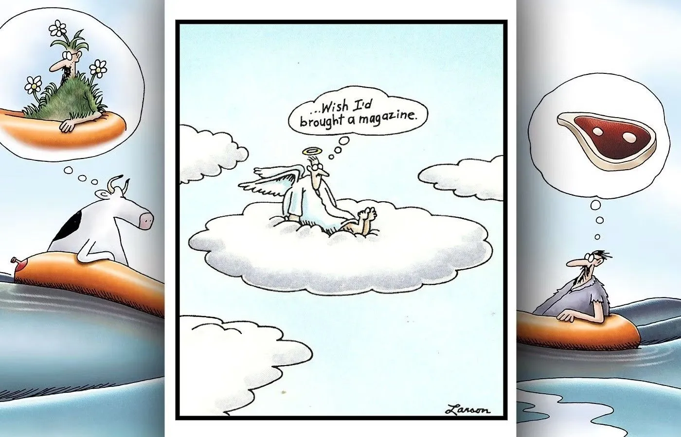 Representación cómica del aburrimiento en el cielo en Far Side