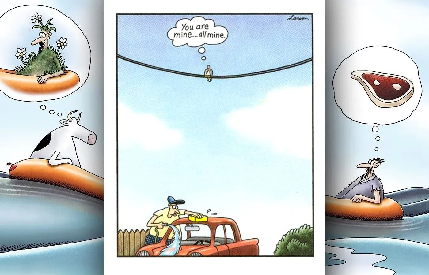 Cómic de Far Side sobre un pájaro que apunta a un coche