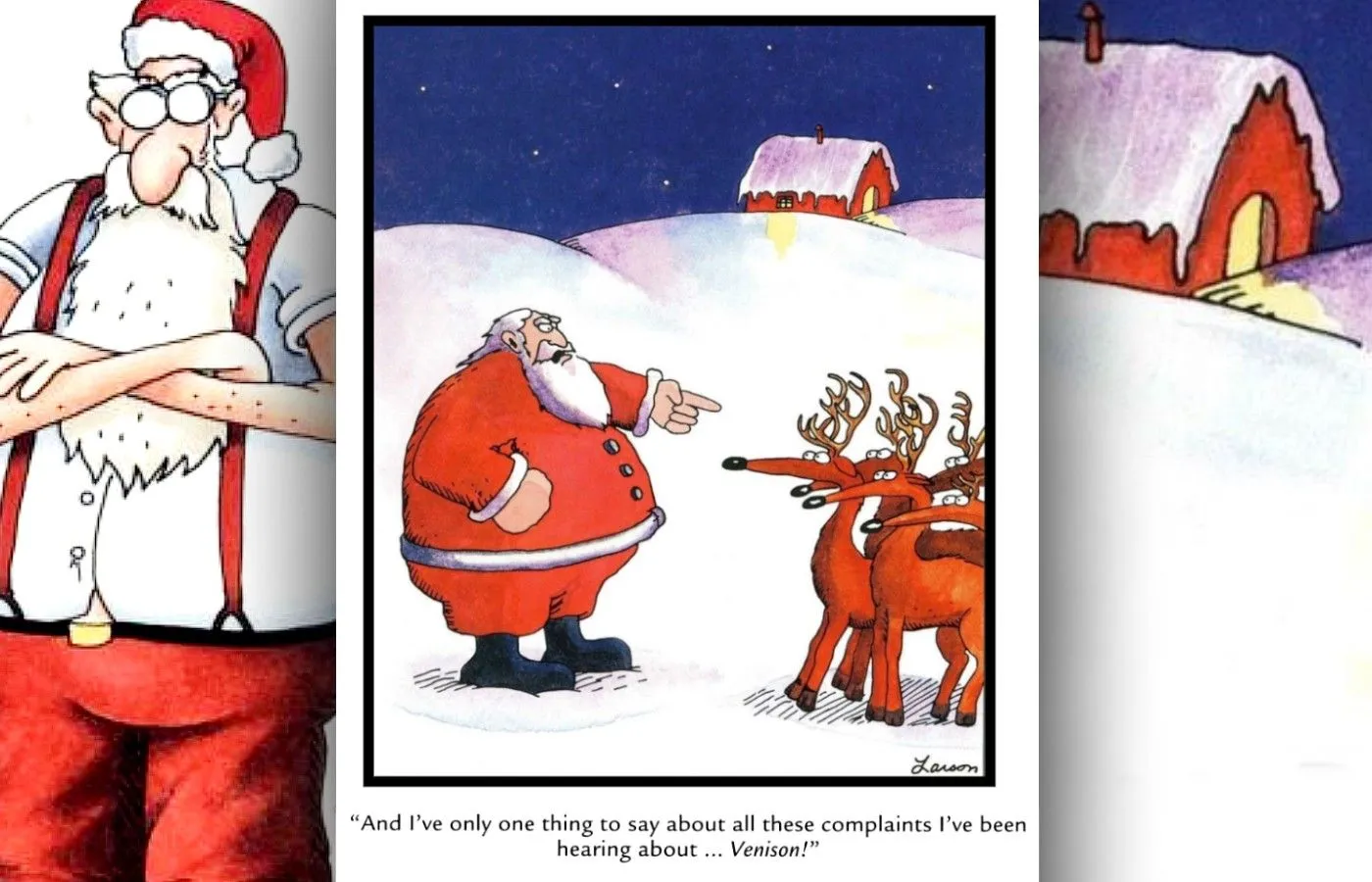 Far Side Comic, in dem der Weihnachtsmann seine Rentiere schikaniert