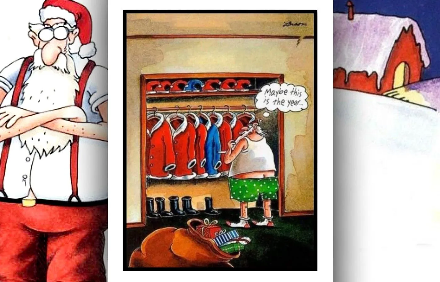 Far Side Comic, in dem der Weihnachtsmann einen blauen Anzug trägt