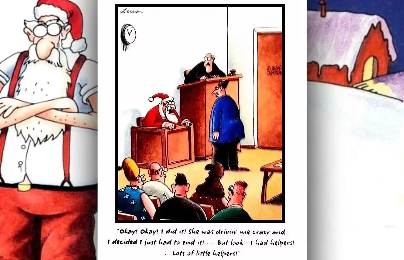 Far Side-Comic, in dem der Weihnachtsmann vor Gericht steht