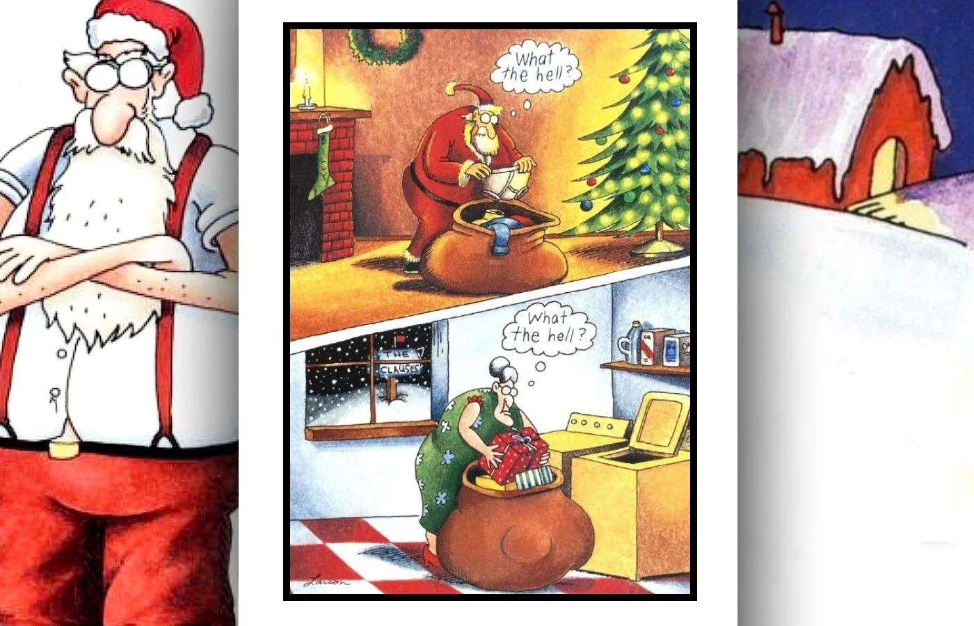 Far Side Comic, in dem der Weihnachtsmann seinen Sack durcheinanderbringt