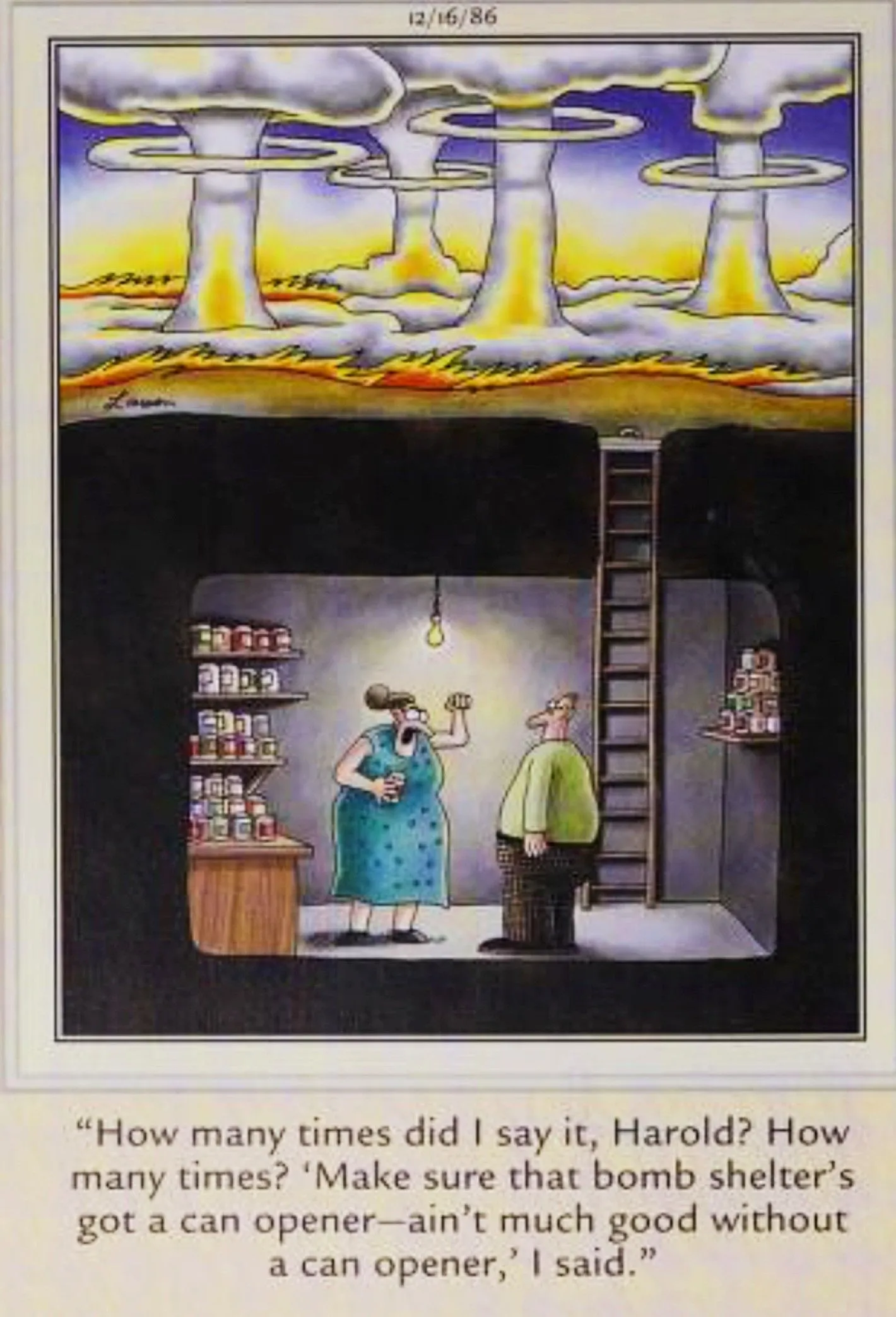 Far Side, 16 décembre 1986, un couple est coincé dans son abri anti-bombe avec de la nourriture en conserve mais pas d'ouvre-boîte