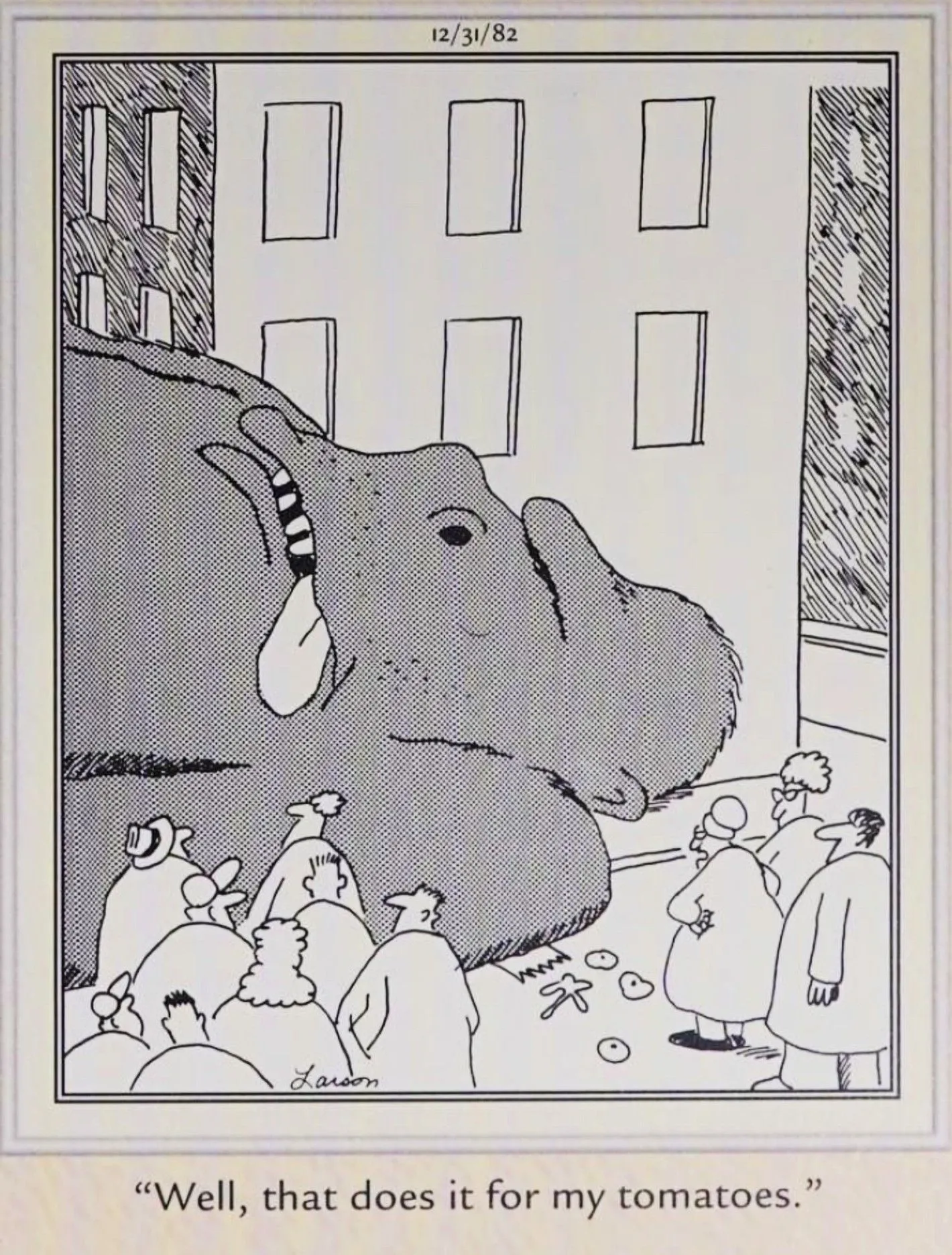 Far Side, 31. Dezember 1982, King Kong fällt und zerquetscht die Lebensmittel einer Frau