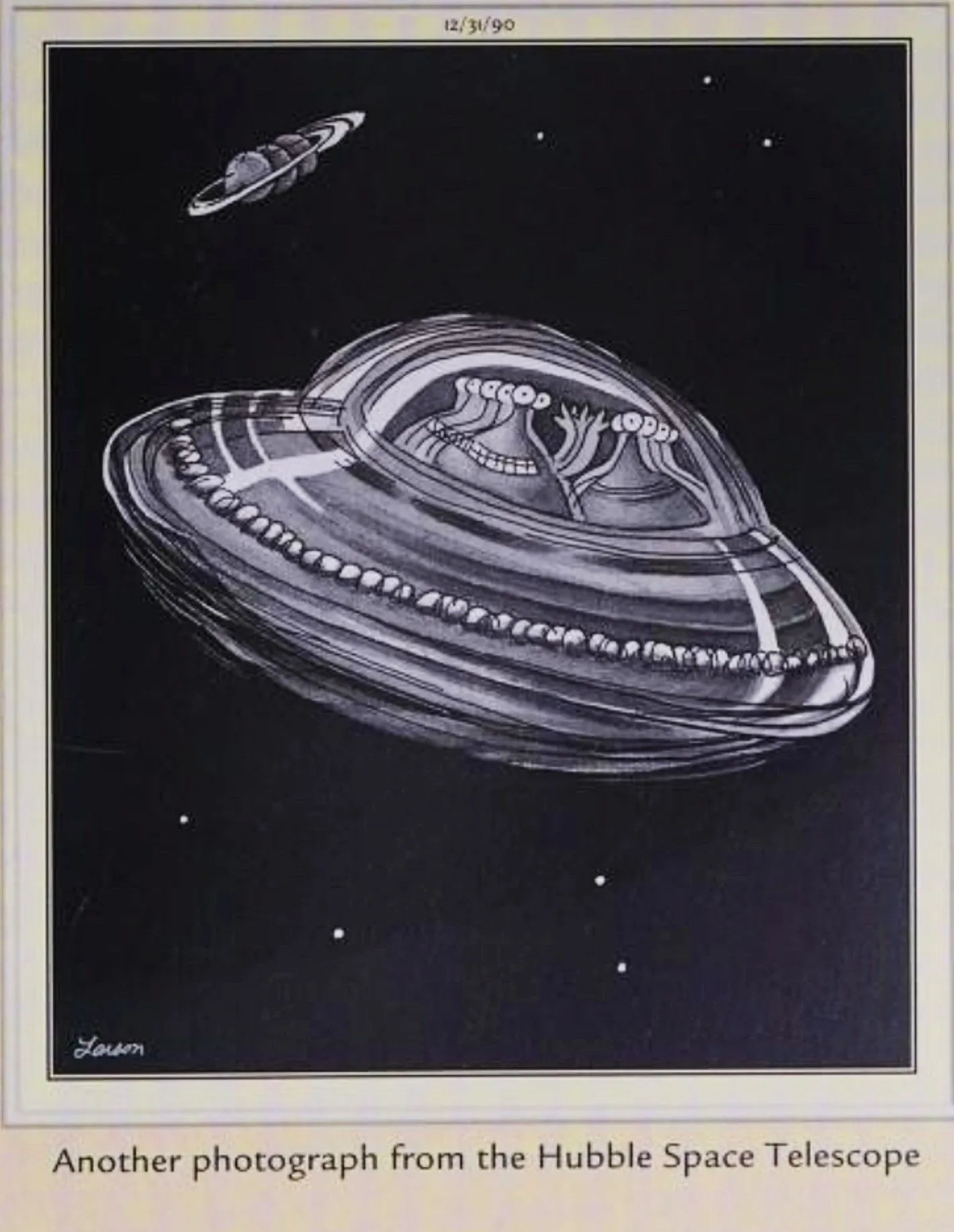 Far Side, 31. Dezember 1990, ein rotierendes UFO, aufgenommen vom Hubble-Teleskop