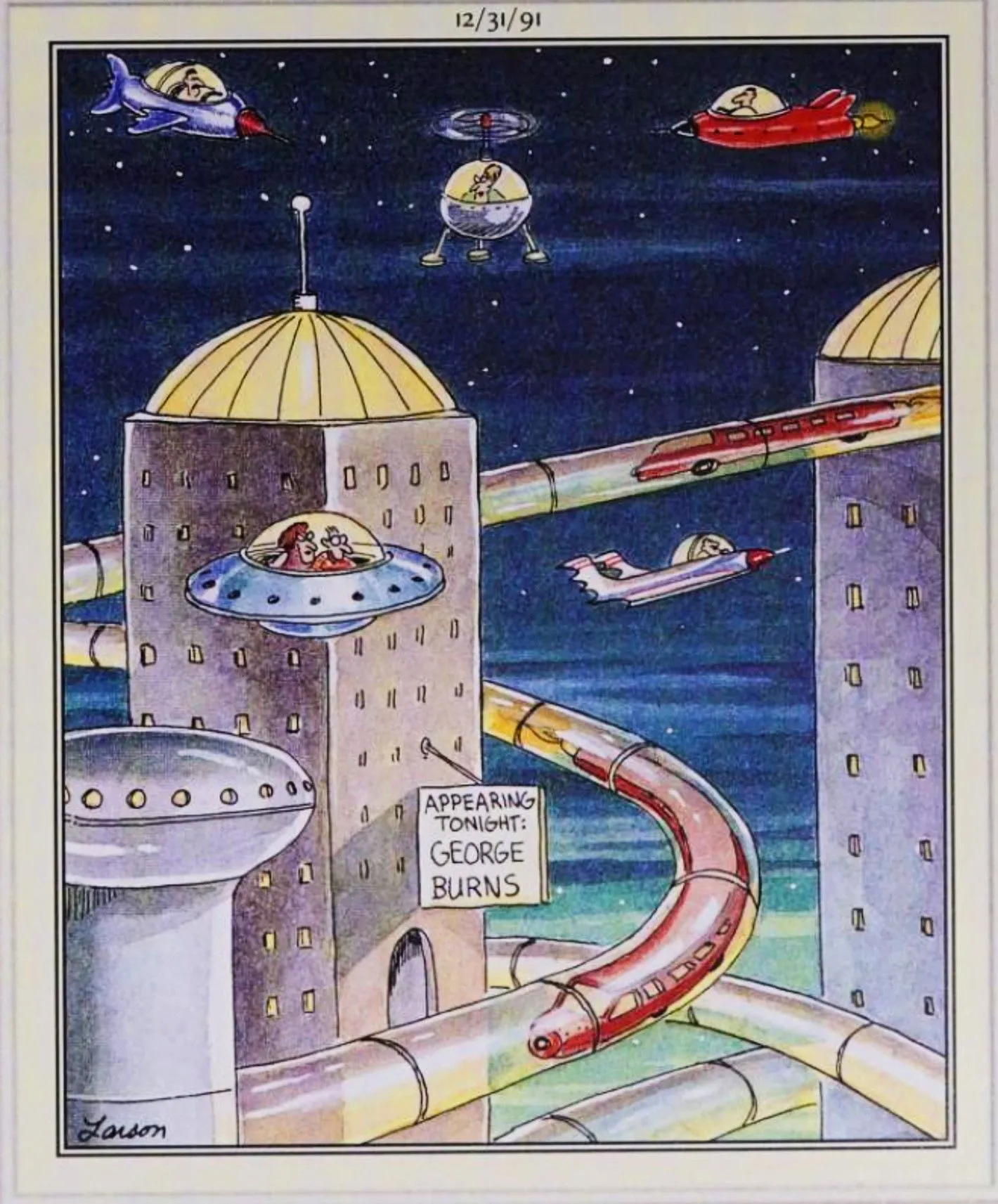 Far Side, 31. Dezember 1991, eine futuristische Stadt, in der George Burns auftritt