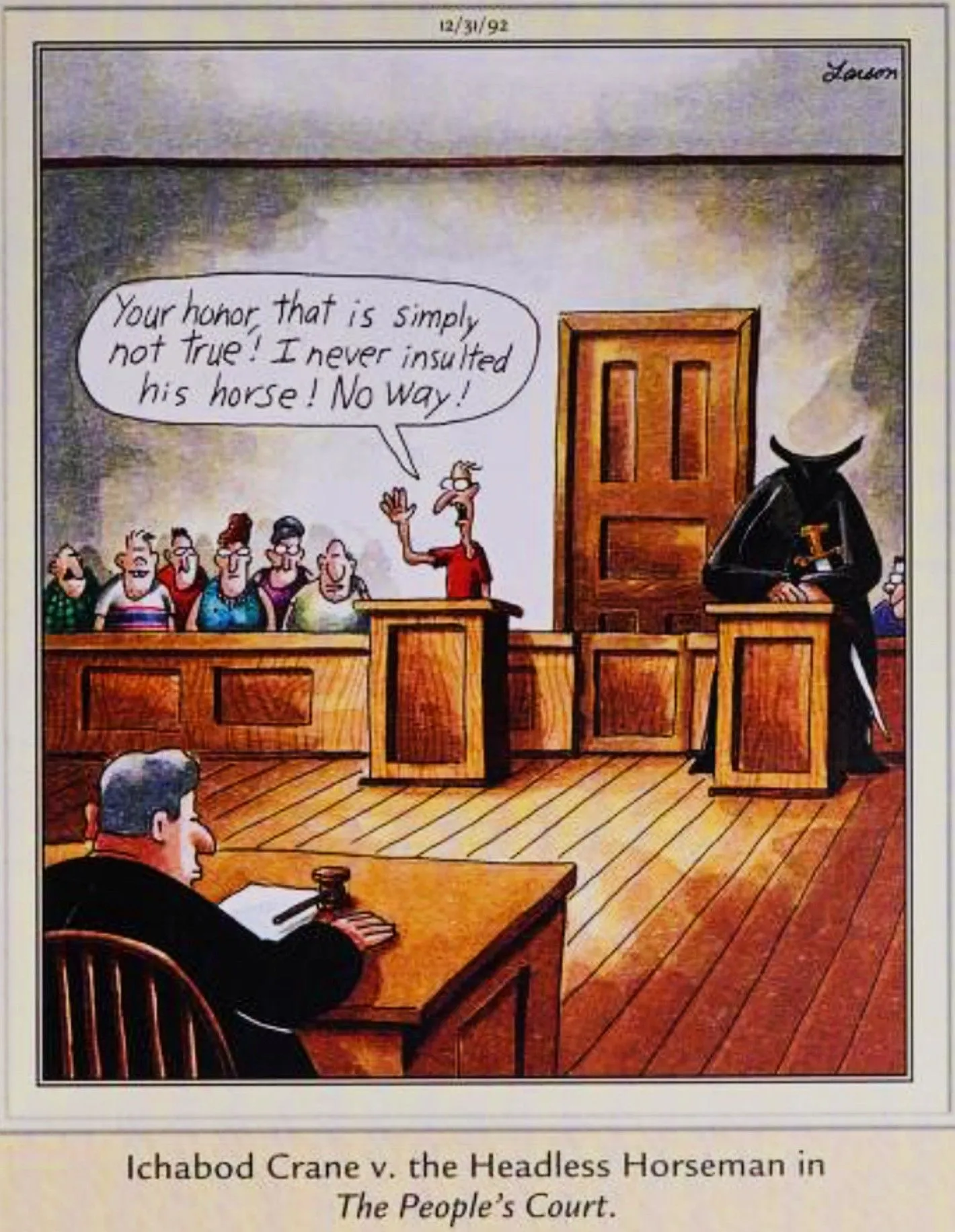 Far Side, 31. Dezember 1992, mit dem Titel „Ichabod Crane gegen den kopflosen Reiter vor dem Volksgerichtshof“