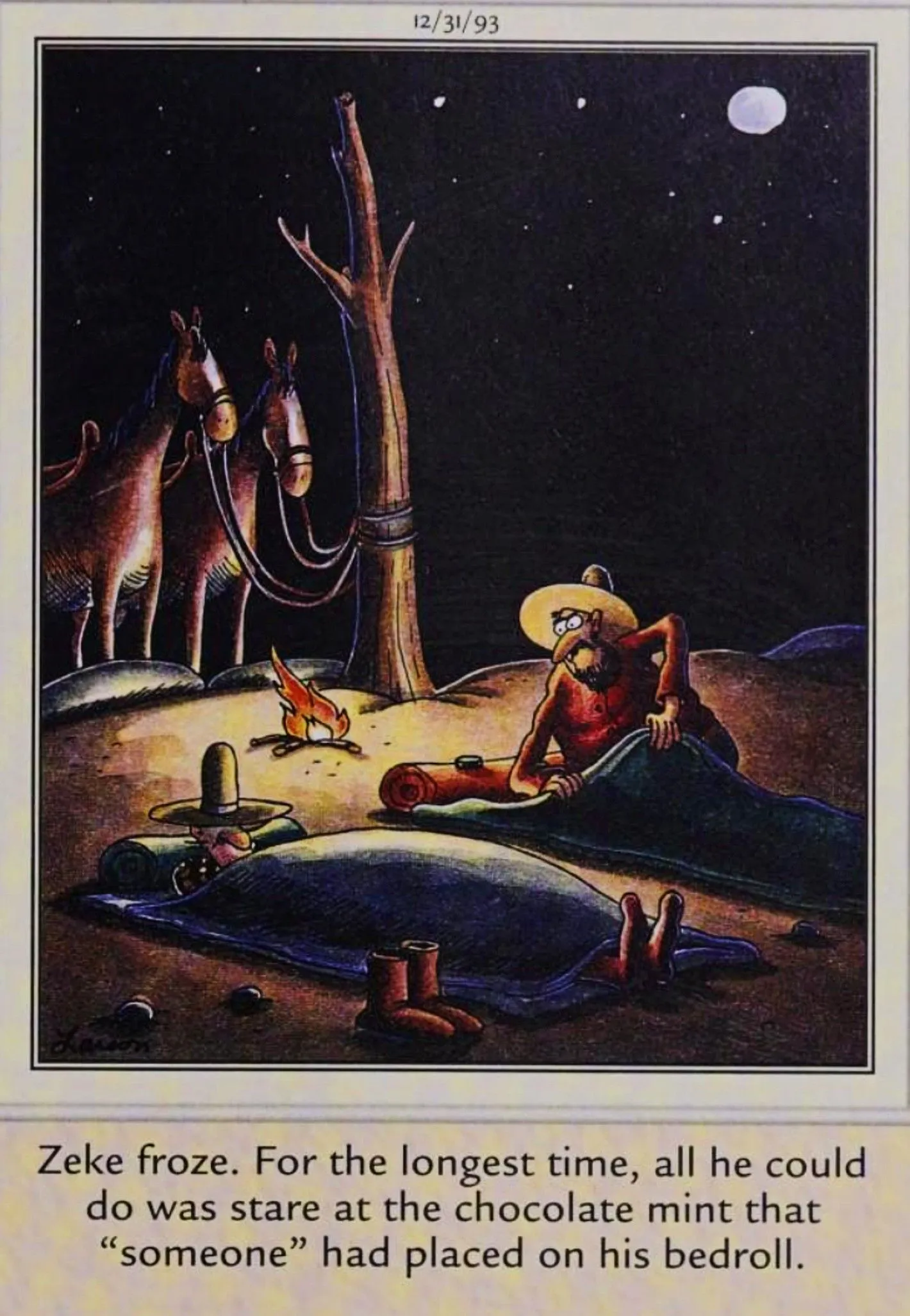 Far Side, 31. Dezember 1993, ein Cowboy „friert“, als ihm nachts ein Schokoladenkuchen aufs Kissen gelegt wird