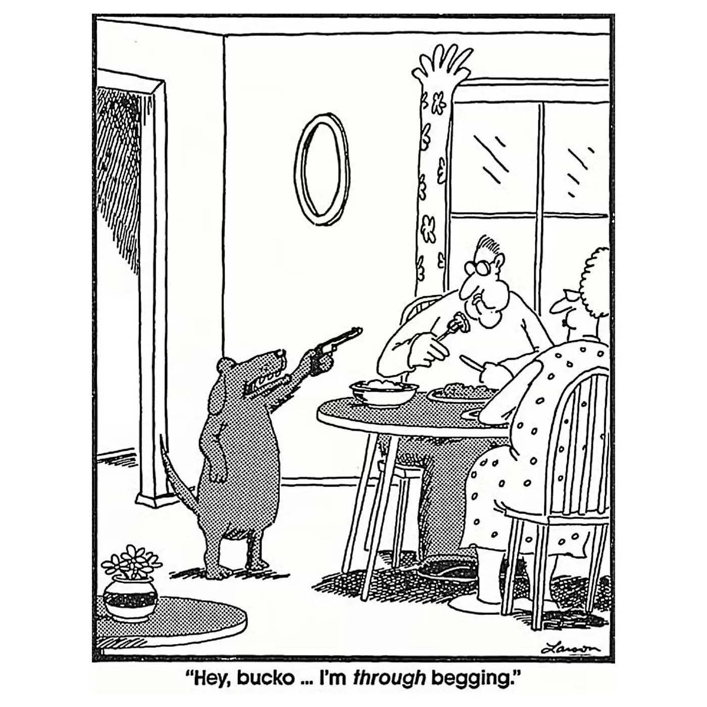 Cómic de Far Side de un perro amenazando a su dueño