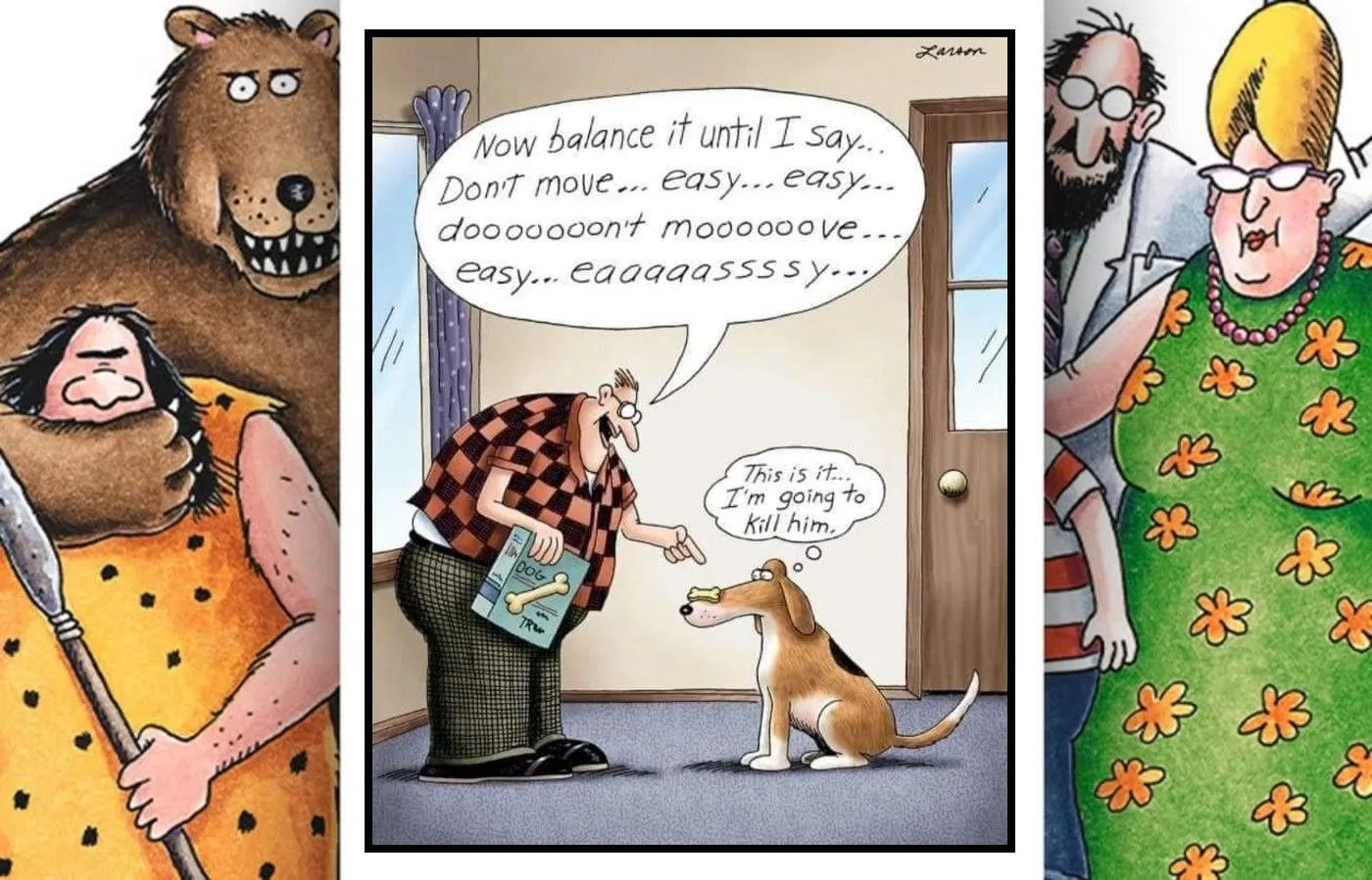 Cómic de Far Side que presenta a un perro frustrado con su dueño