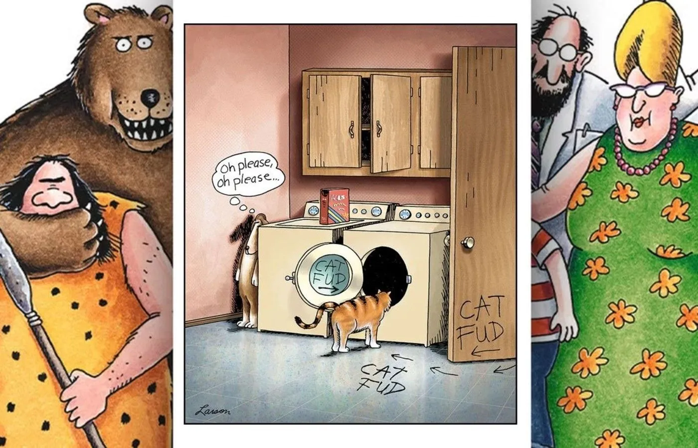 Cómic de Far Side donde un perro intenta engañar a un gato