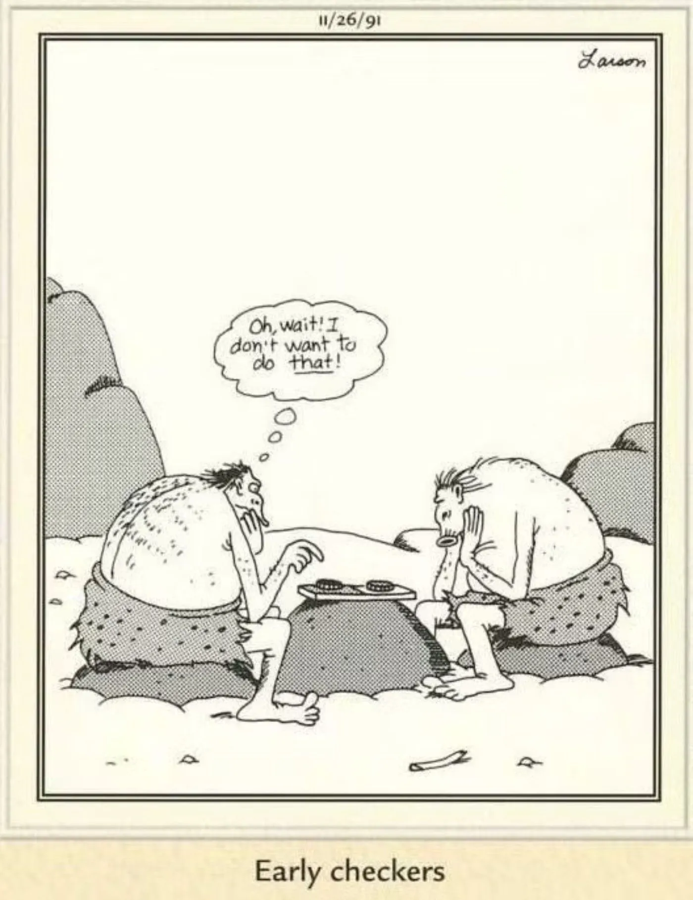 Far Side-Comic mit Höhlenmenschen, die Dame spielen