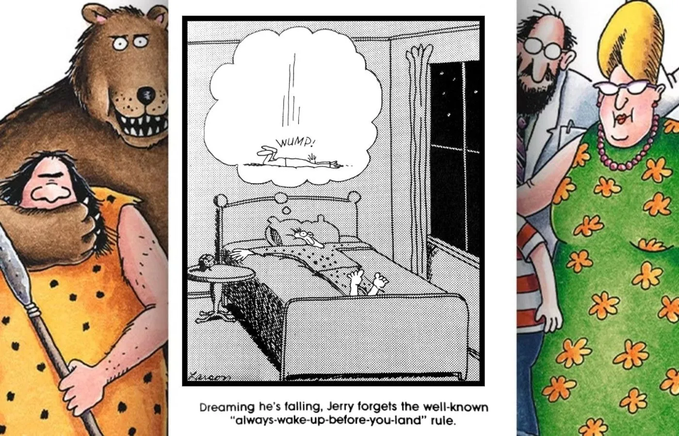 Cómic de Far Side que representa un sueño de caída