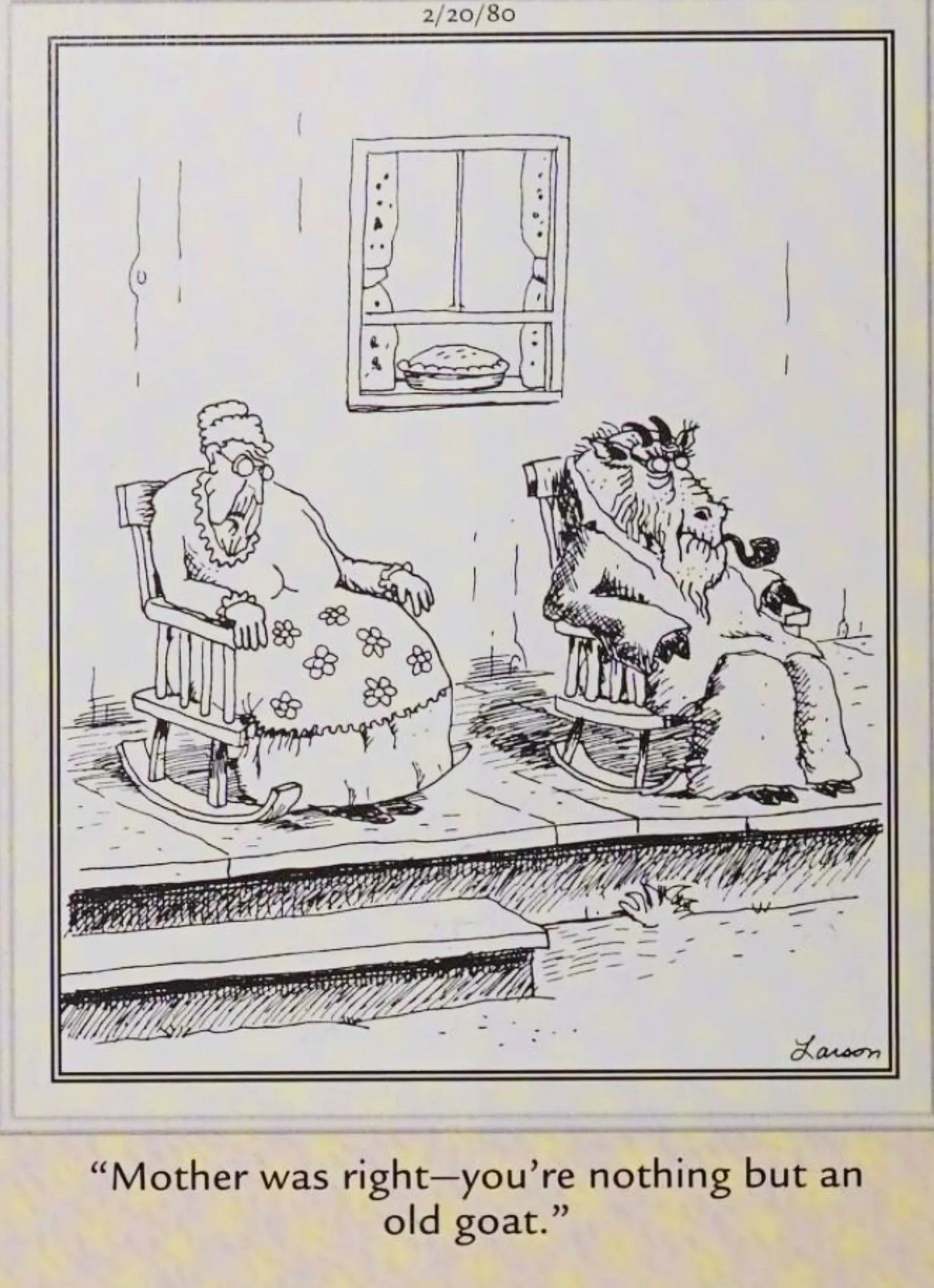 Far Side, 20 de fevereiro de 1980, uma mulher admite amargamente que seu marido é "um velho bode"