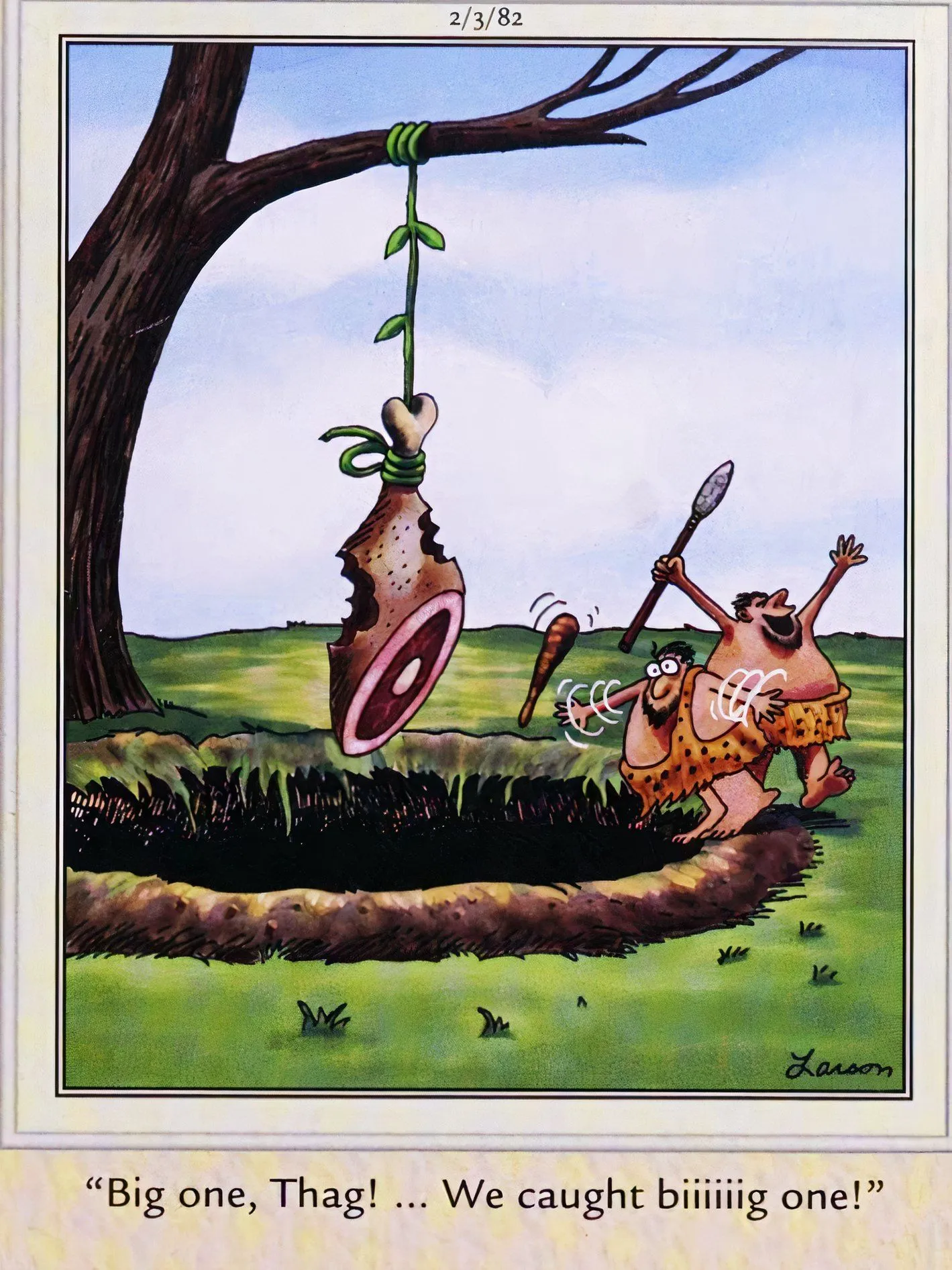 Far Side-Comic von Thag, der in eine Grube fällt