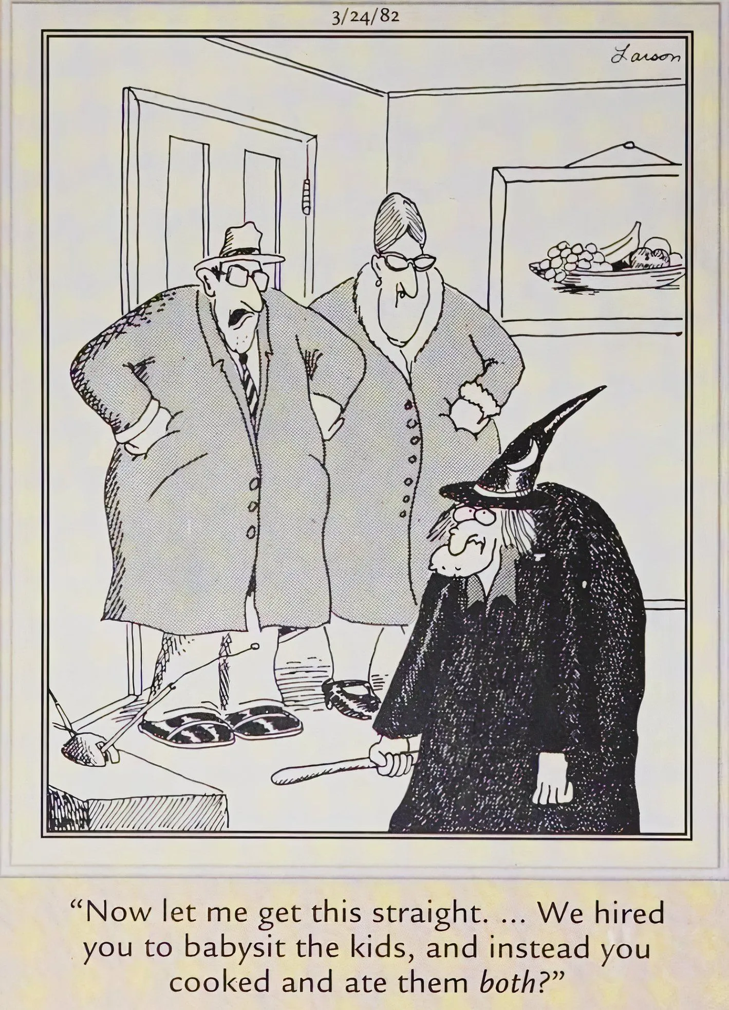 Far Side, 24 mars 1982, des parents en colère affrontent une sorcière pour avoir mangé leurs enfants