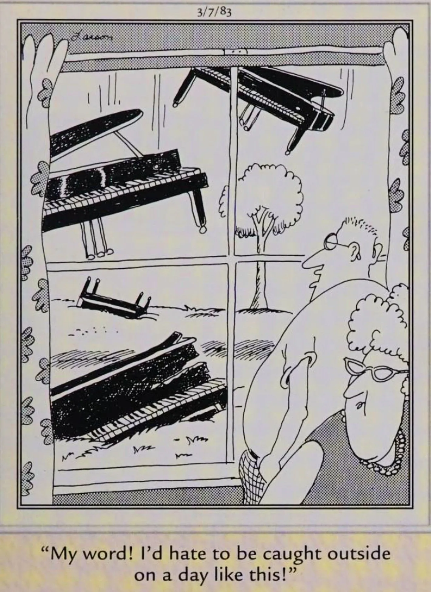 Para oglądająca spadające fortepiany w The Far Side, 7 marca 1983 r.