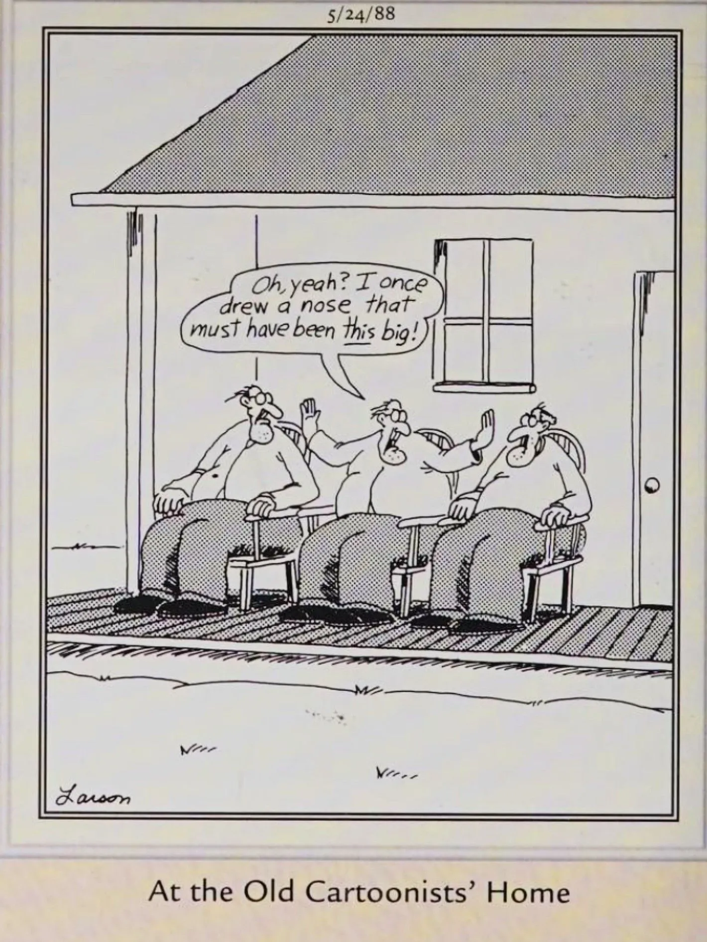 Far Side, 24 de maio de 1988, cartunistas sentam-se em cadeiras de balanço e discutem na varanda da "casa do velho cartunista"