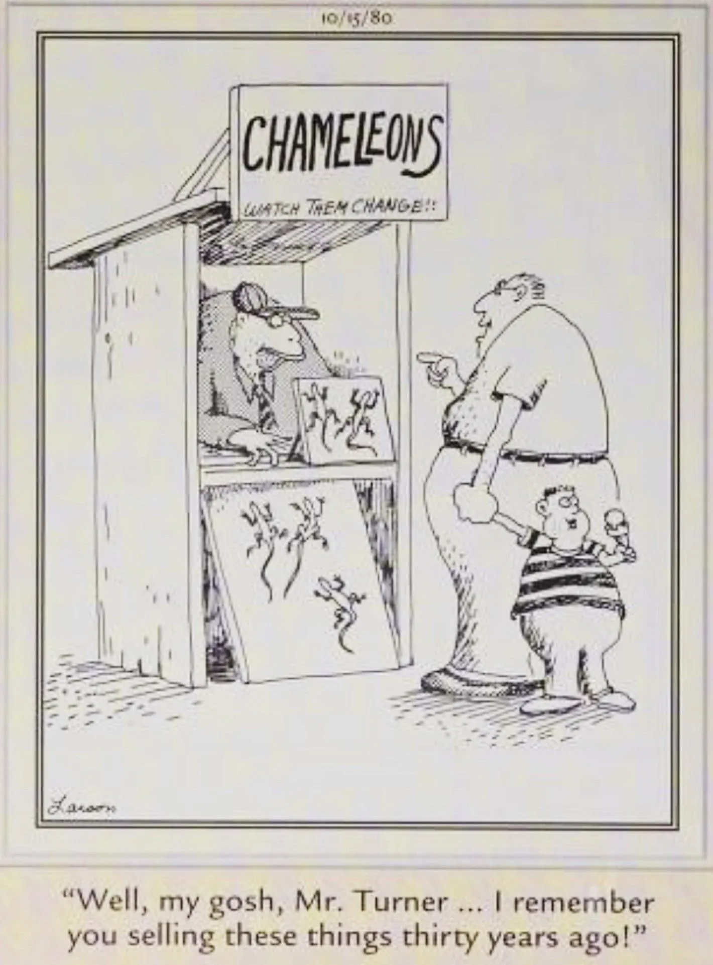 Far Side, 15 de outubro de 1980, um homem reconhece o mesmo vendedor de camaleões de sua infância