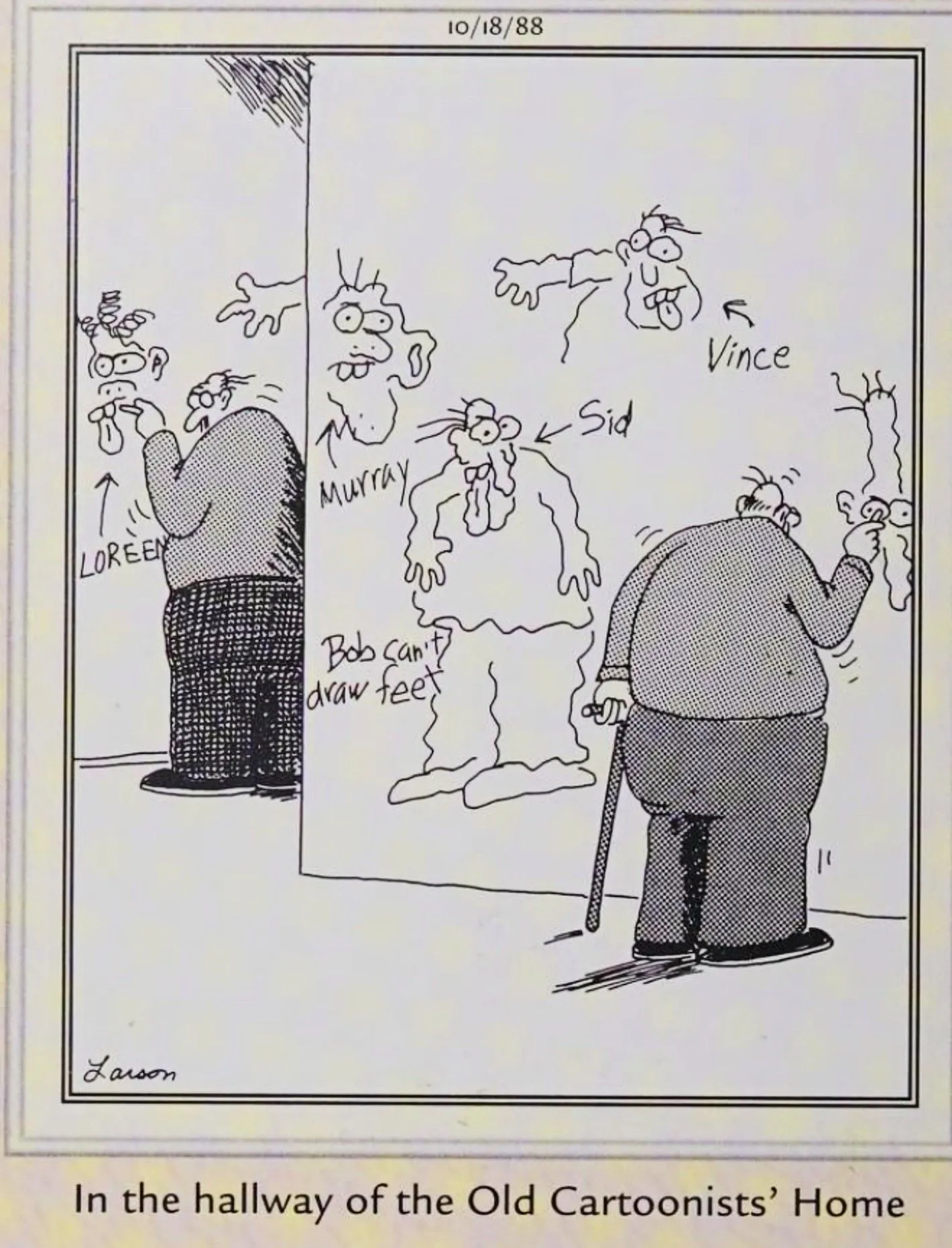 Far Side, 18 de outubro de 1988, moradores rabiscando nas paredes da 'antiga casa dos cartunistas'