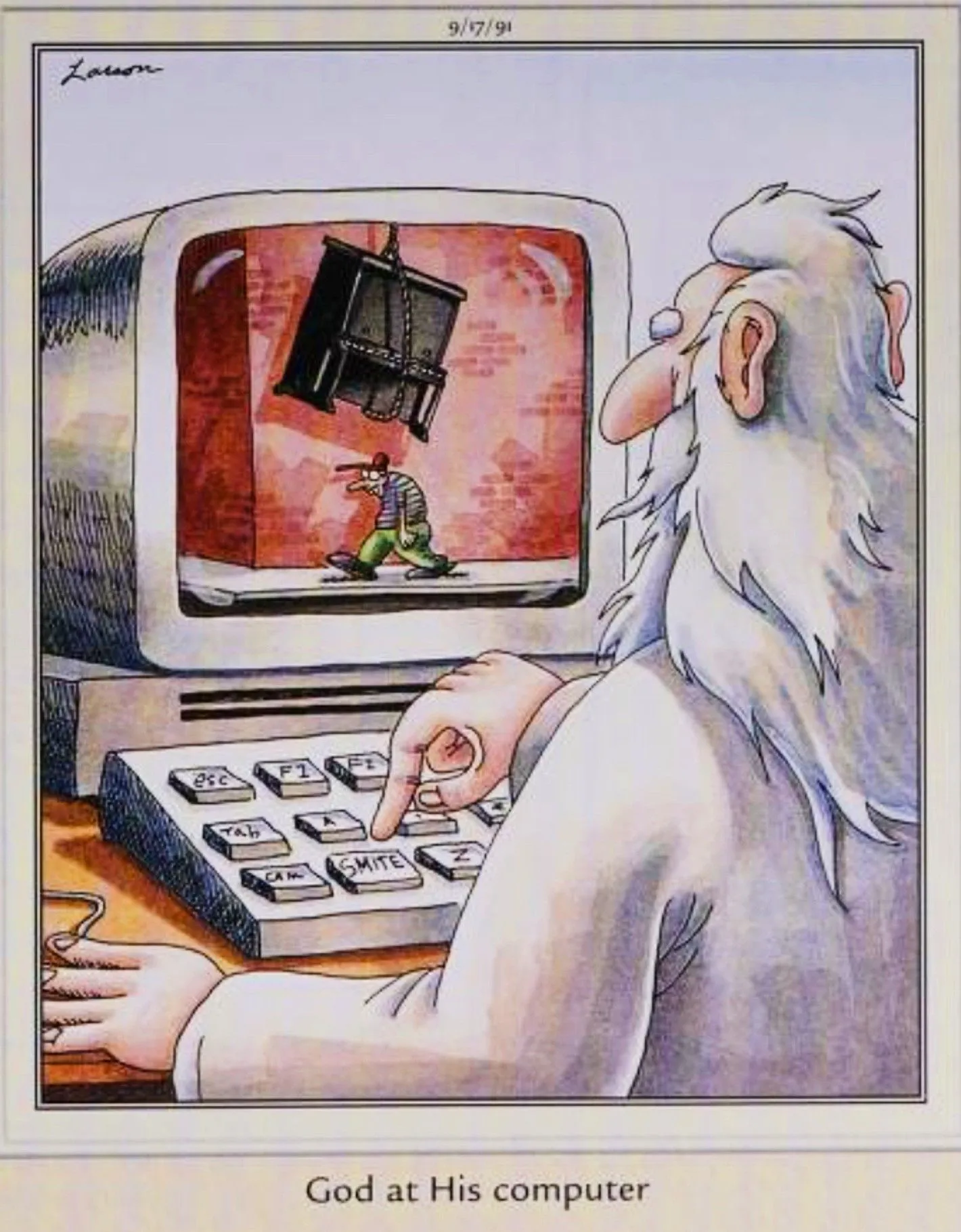 Bóg upuszcza fortepian na mężczyznę w The Far Side, 17 września 1991 r.