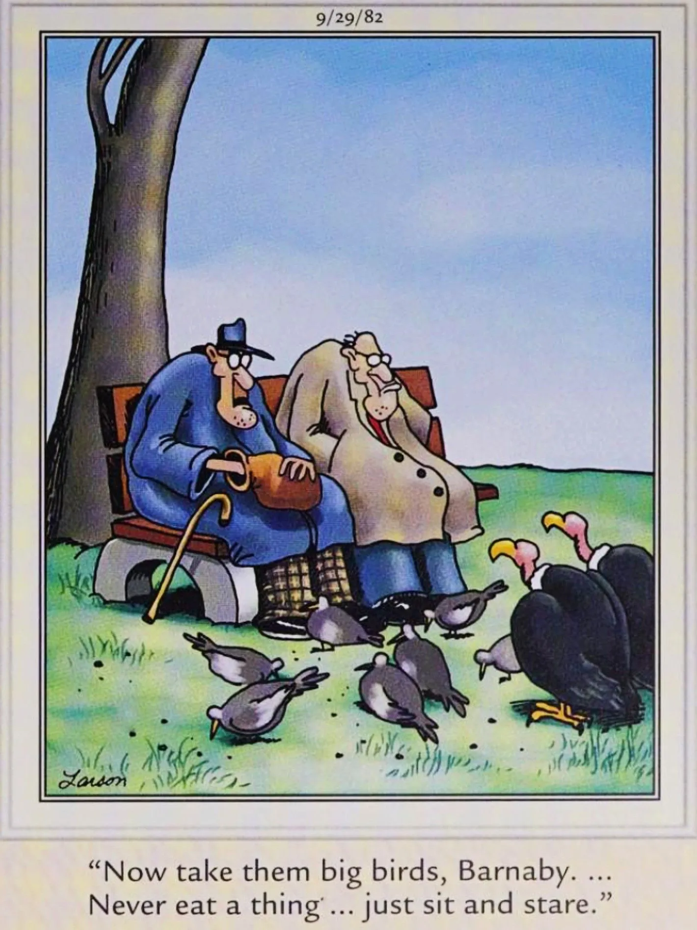 Far Side, 29 de setembro de 1982, abutres sentam-se e observam dois velhos sentados em um banco do parque alimentando pombos