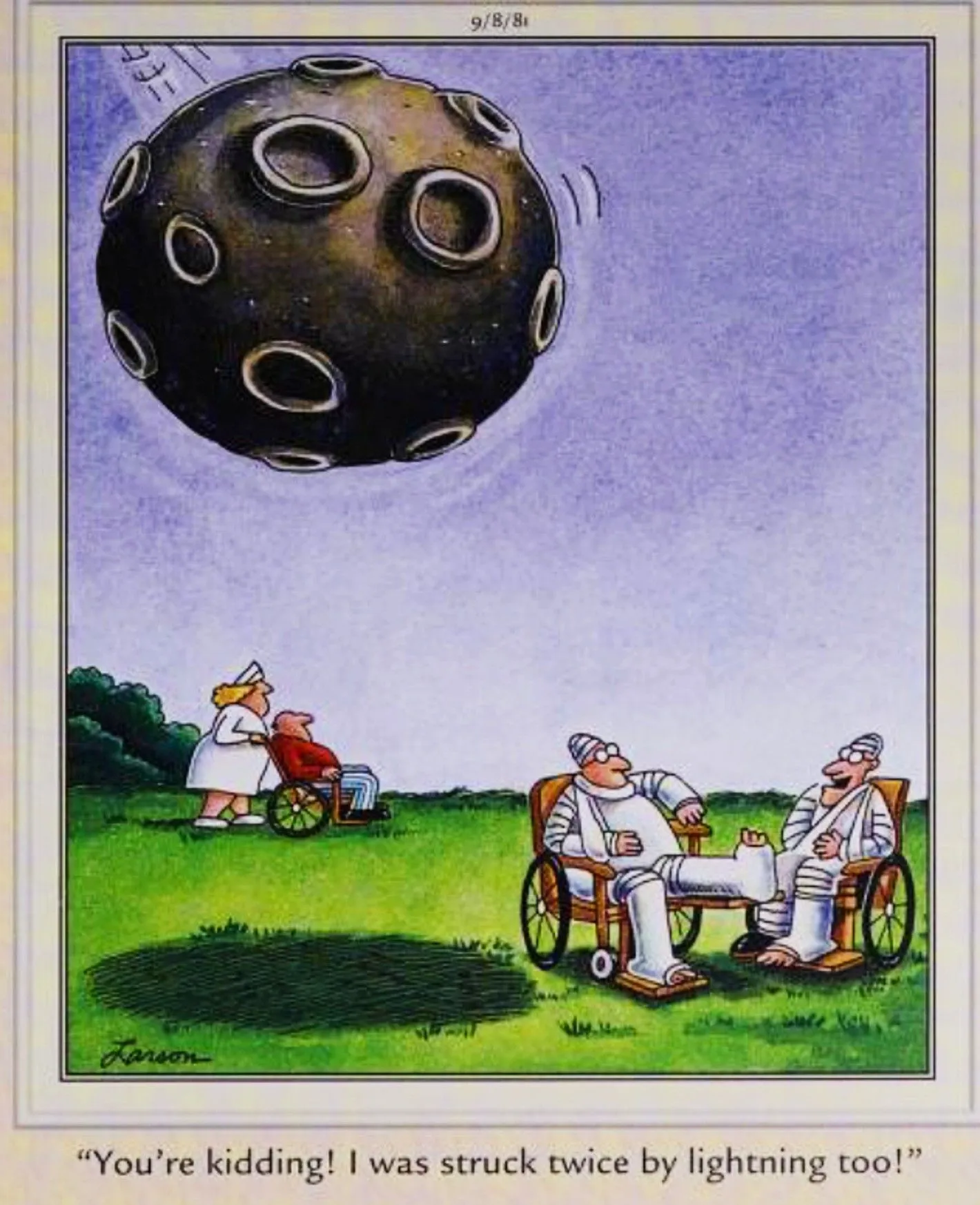 Meteoryt tuż przed uderzeniem w mężczyznę na wózku inwalidzkim w The Far Side, 8 września 1981 r.