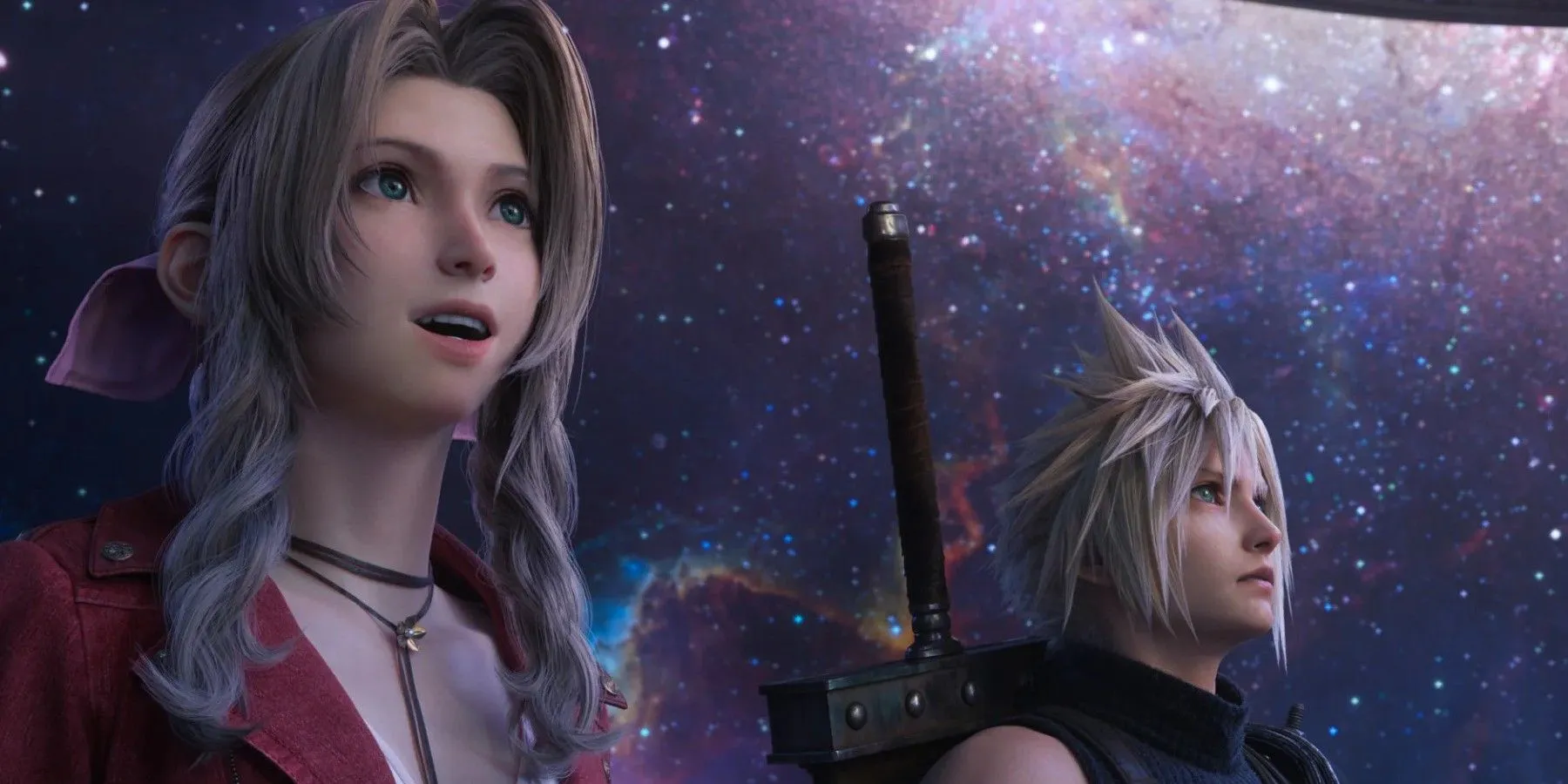 Nube y Aerith bajo un cielo estrellado