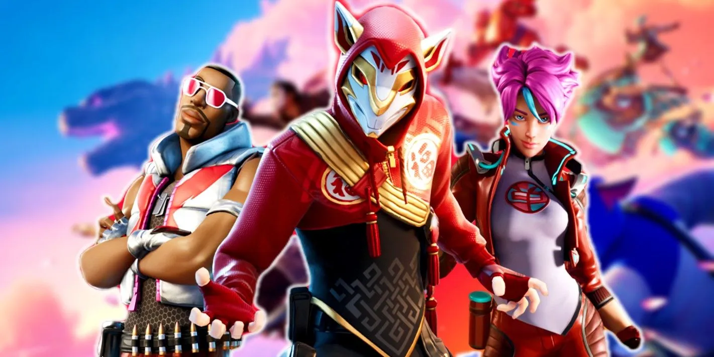 Personnages de Fortnite Chapitre 6 Saison 1 avec une image promotionnelle derrière eux