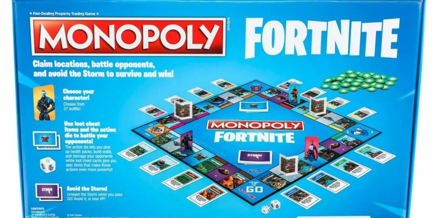 Parte de trás da caixa do Monopoly Fortnite