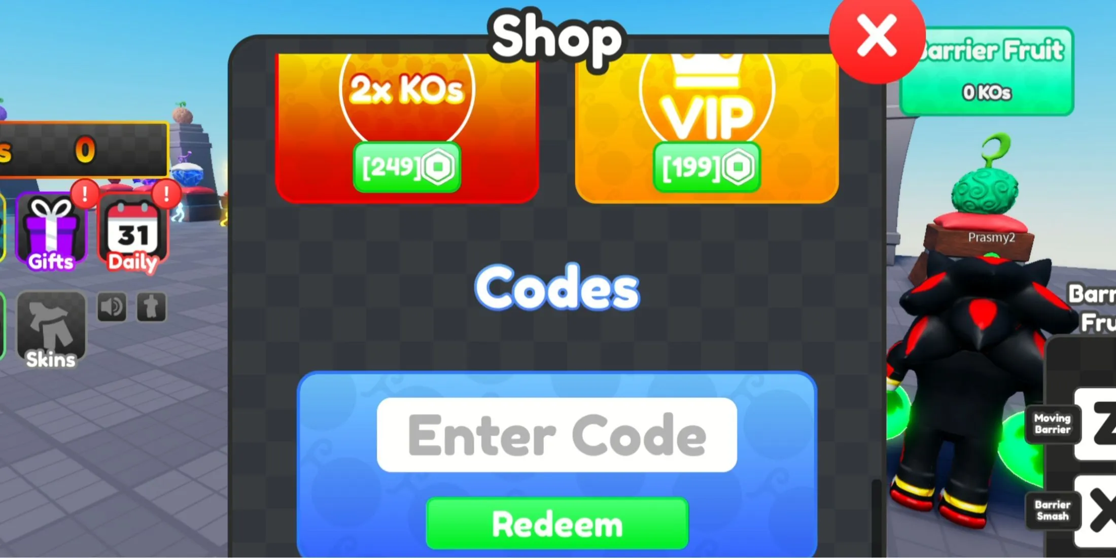 Fruit Fight codes redemption tab