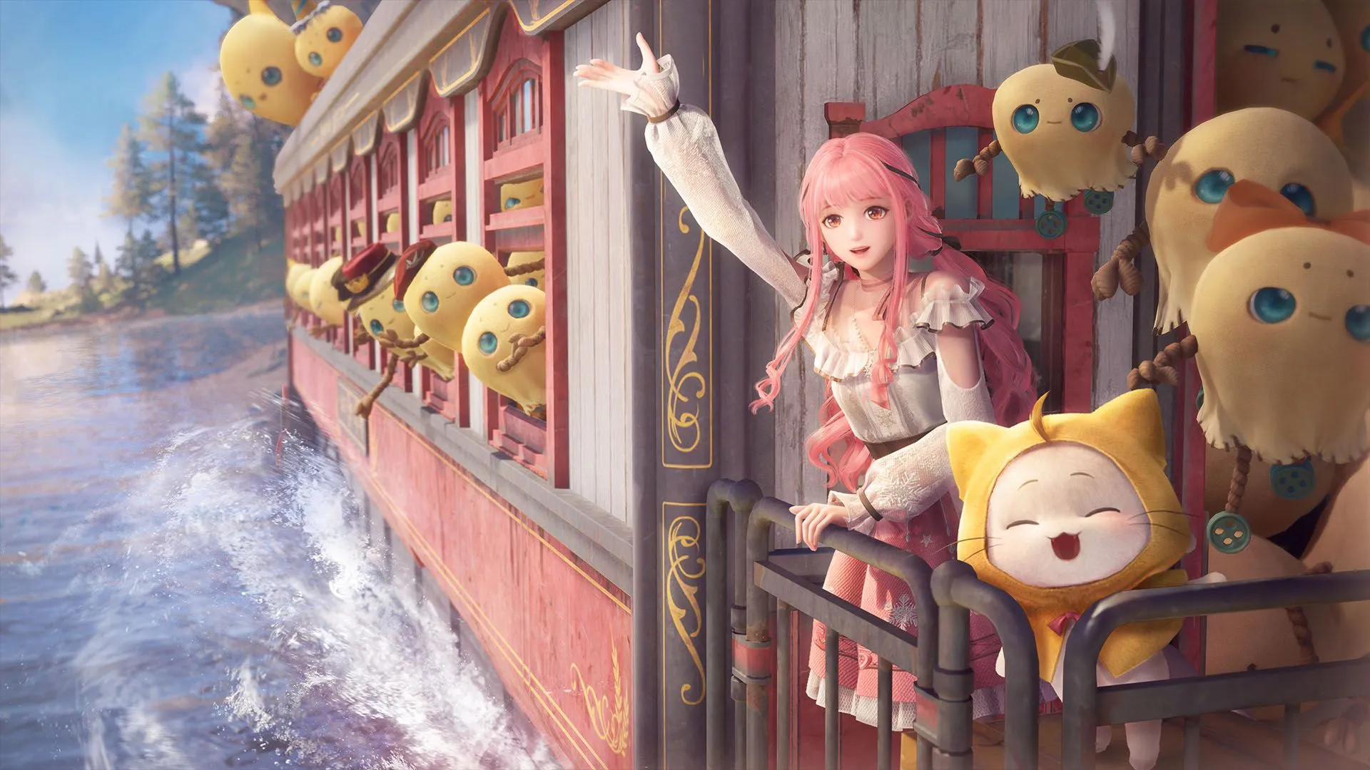 Le personnage d'Infinity Nikki fait signe de la main en voyageant dans un train à travers l'eau avec d'étranges créatures