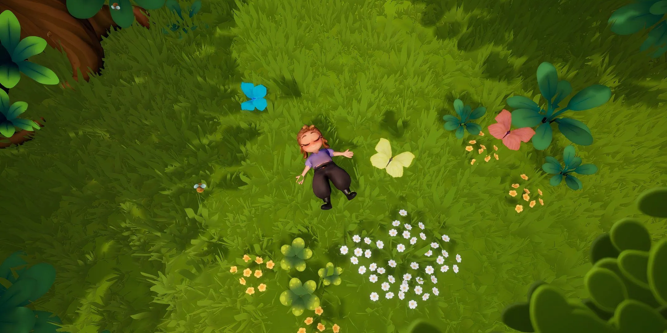 Screenshot des Spiels Garden Witch Life von einem Mädchen, das mitten auf einem Feld liegt.