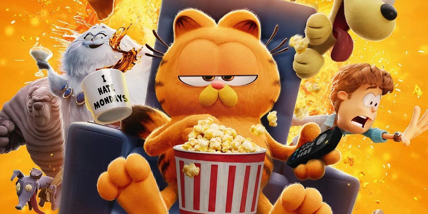 Versión animada en 3D de Garfield comiendo palomitas de maíz sentado en una silla con Jon, Odie y otros detrás de él.