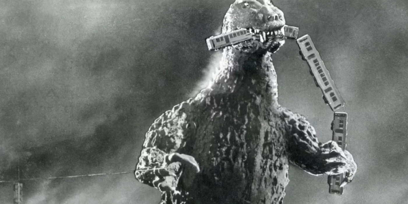 Godzilla, 1954 - Godzilla mange un morceau de véhicule dans sa bouche