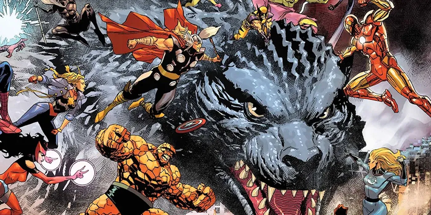 Godzilla vs Marvel Avengers peleando en el arte del cómic