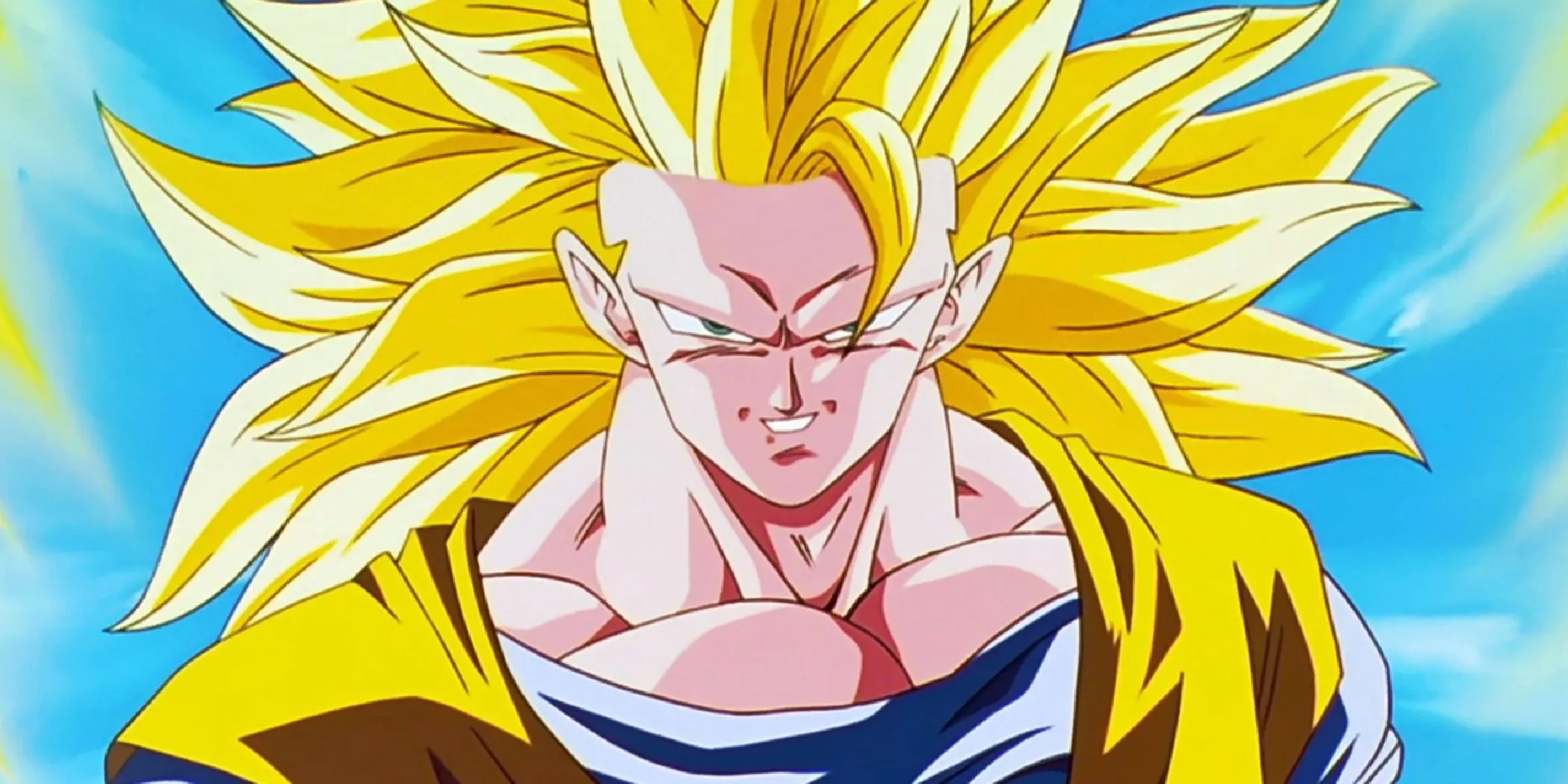 Super Saiyan 3 Goku in the Buu Saga in Dragon Ball Z with a slight smile on his face.