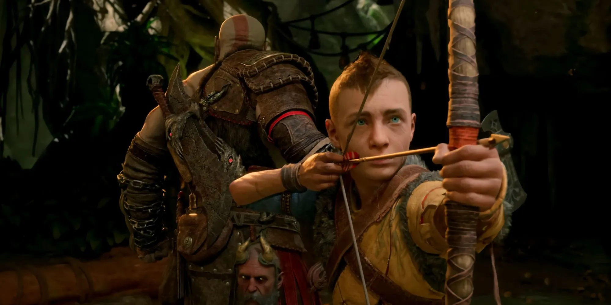 Atreus utilise l'arc Talon dans God of War Ragnarök.