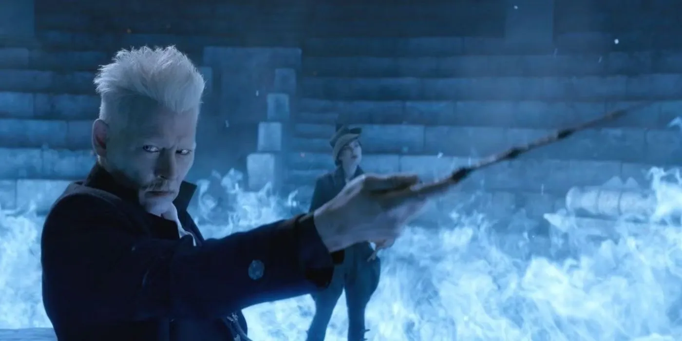 Gellert Grindelwald brandissant la baguette de sureau