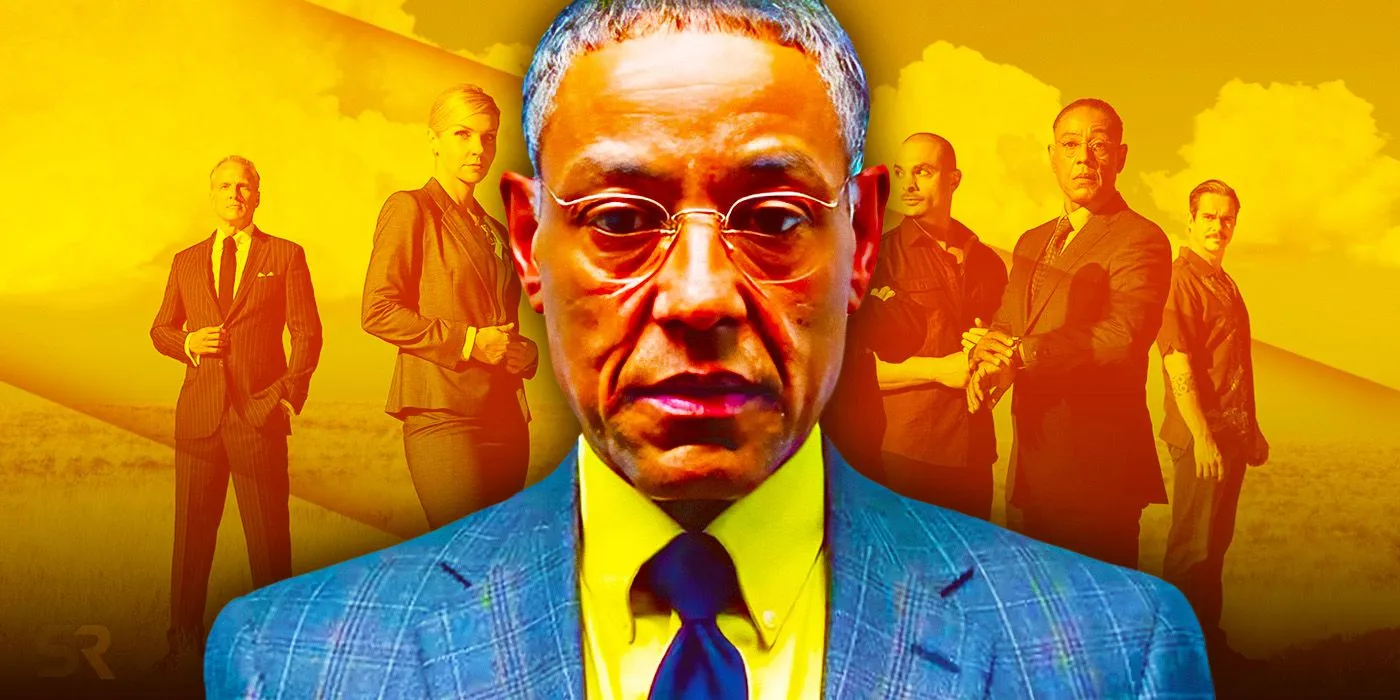 Giancarlo Esposito como Gus Fring en Breaking Bad y el elenco de Better Call Saul como telón de fondo