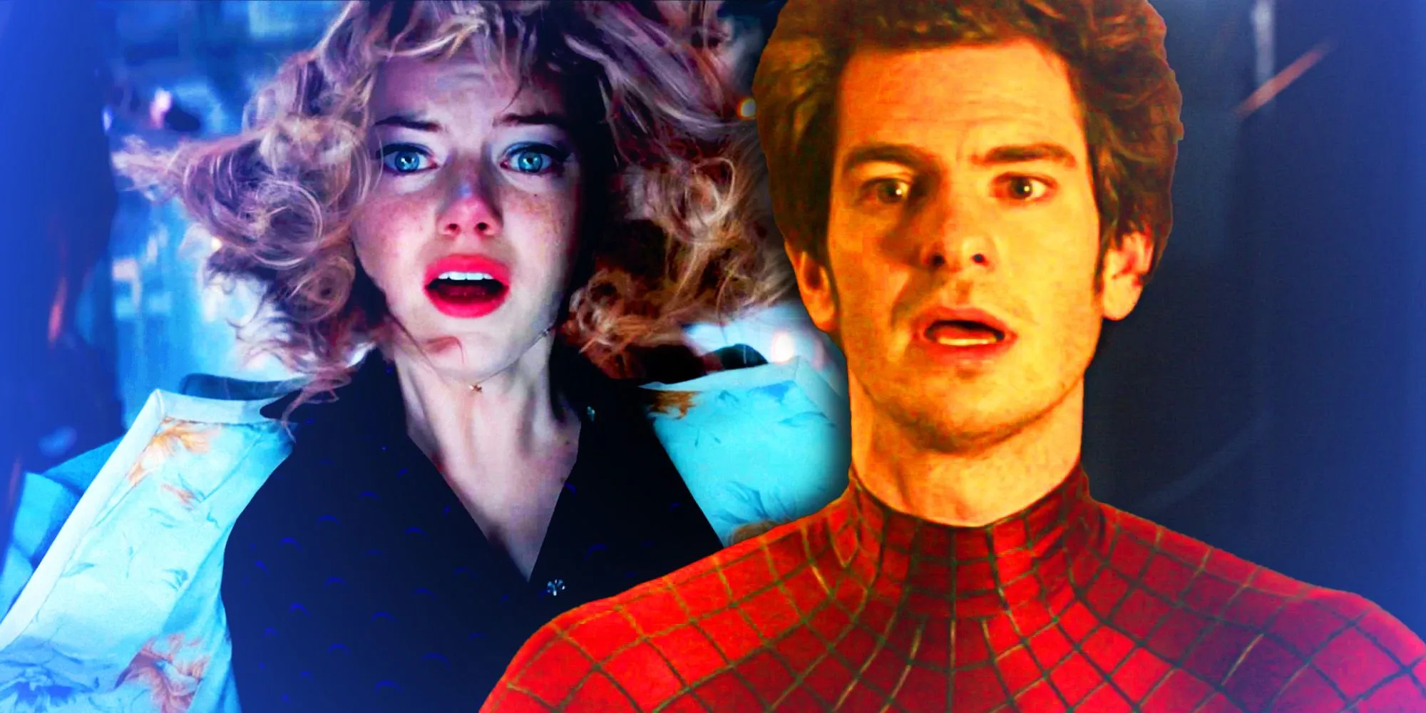 Emma Stone jako Gwen Stacy w filmie Niesamowity Spider-Man 2 i Andrew Garfield jako Peter Parker w filmie Bez drogi do domu