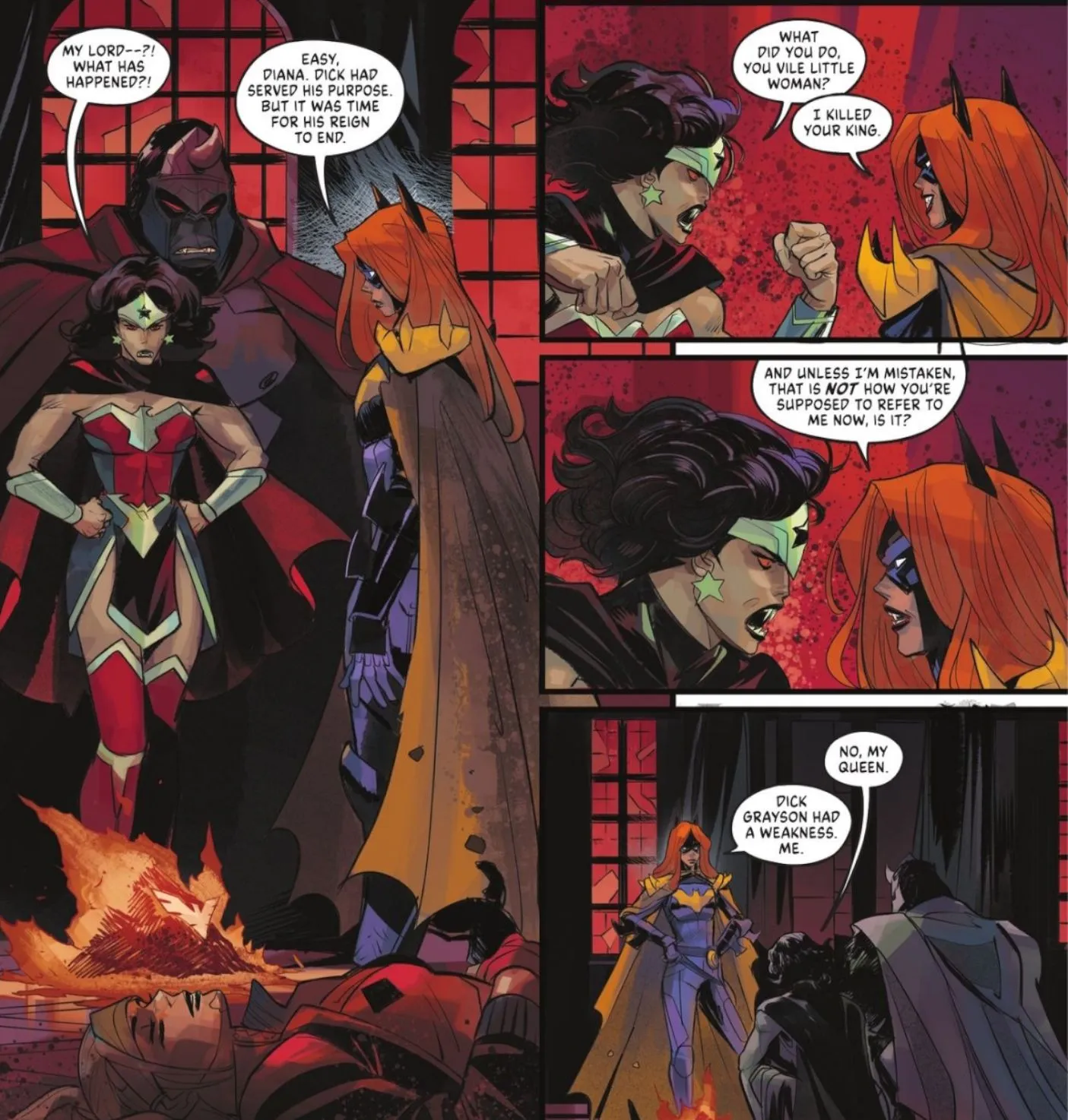 Panele komiksowe: Harley Quinn leży martwa u stóp Wonder Woman i Batgirl.