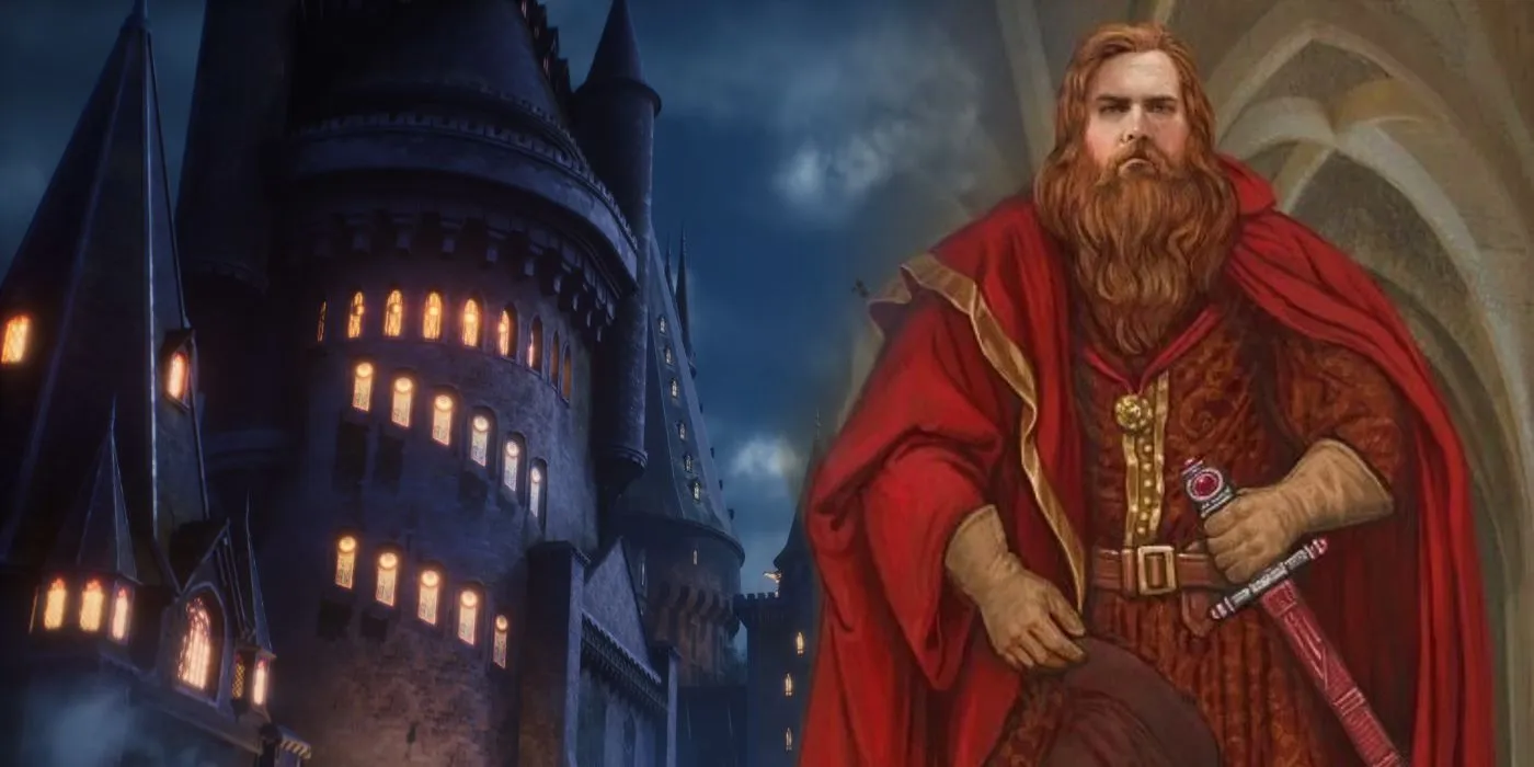 Hogwarts at night and Godric Gryffindor illustration.