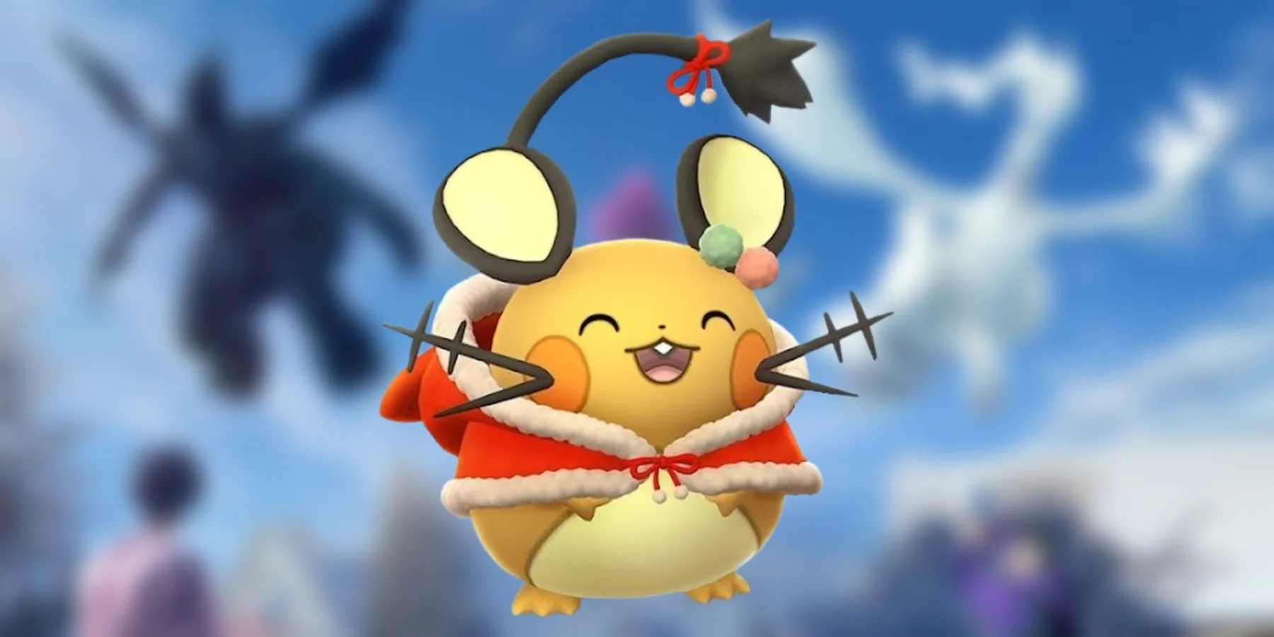 Holiday attire Dedenne in front of Pokemon GO Dual Destiny season art