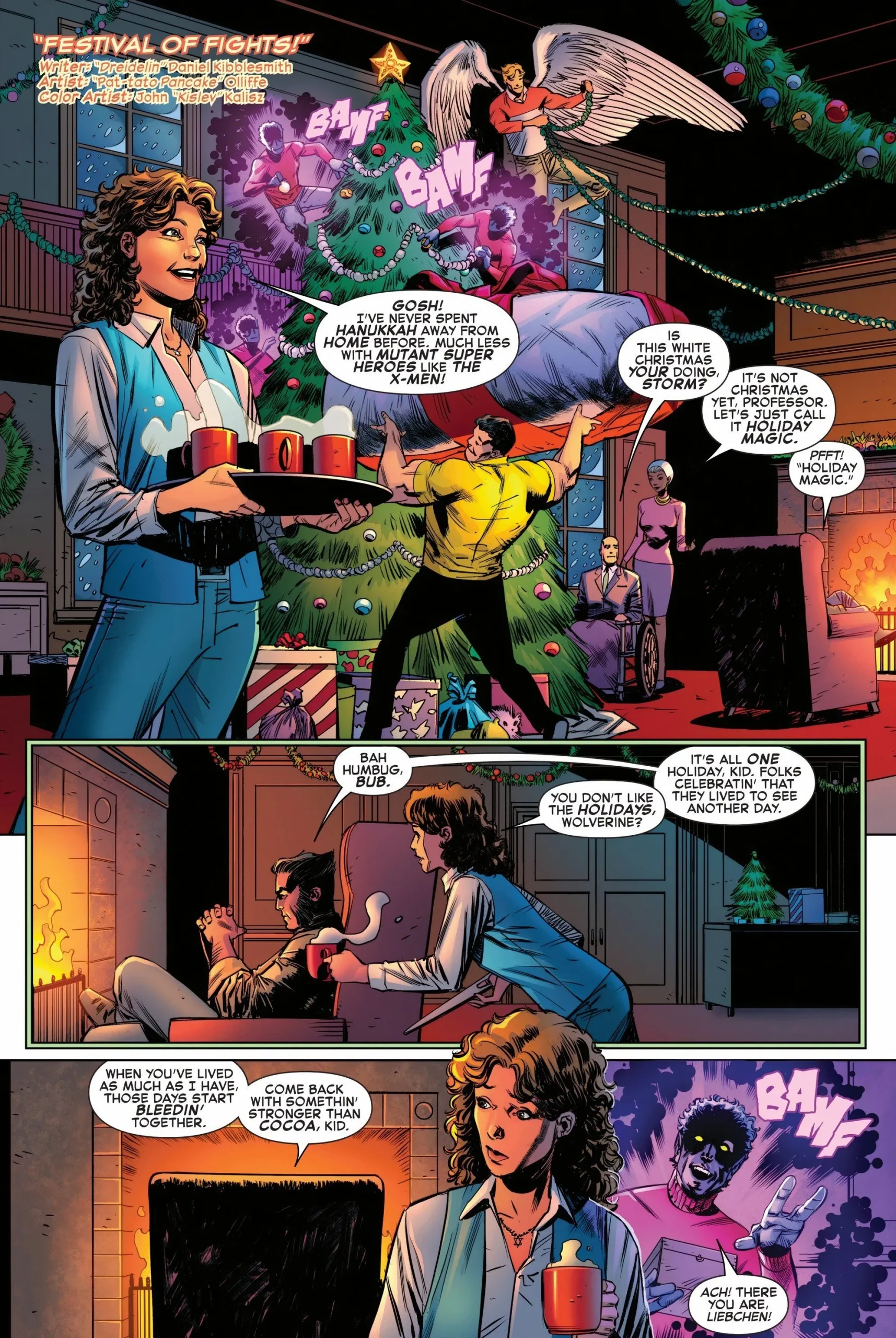 Página del cómic: Los X-Men decoran para Navidad y Hanukkah.