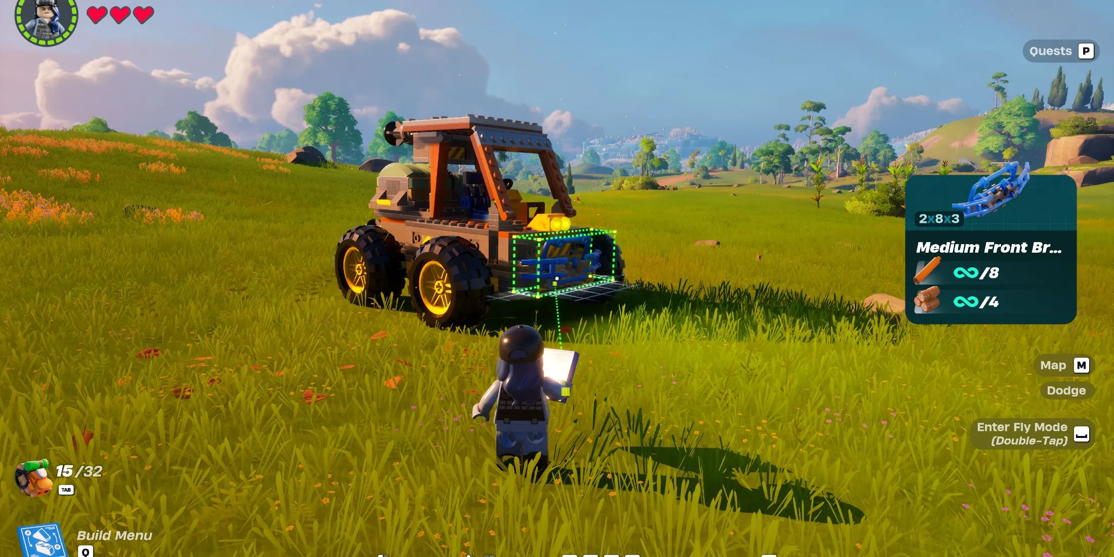 Screenshot showcasing how to build a custom vehicle in LEGO Fortnite